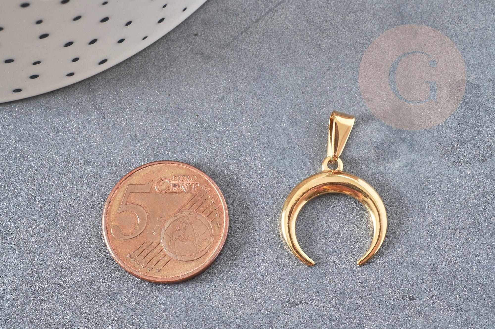 Pendentif acier doré croissant lune,breloque doré, acier chirurgical,acier doré, pendentif sans nickel, 19mm, x1 (G4840)
