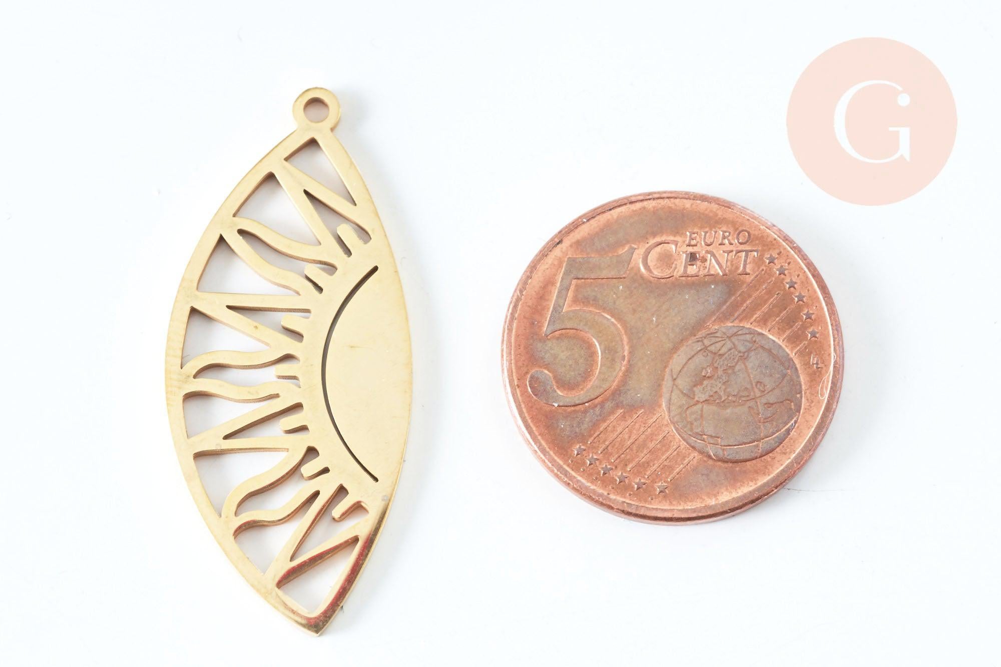 Pendentif marquise Soleil acier 201 inoxydable doré 35mm, x1 (G6648)