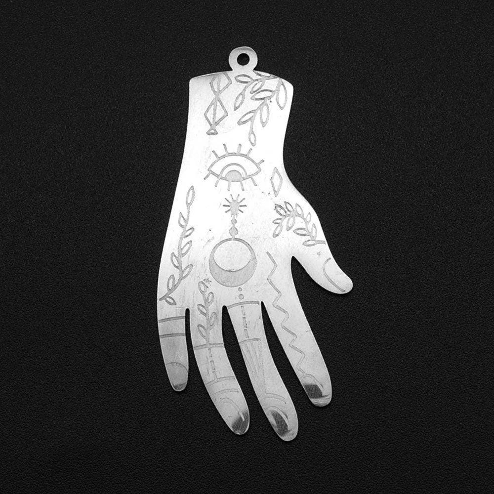 Pendentif acier platine main mystique 49mm,breloque acier inoxydable argenté sans libération de nickel, x1 (G6027)