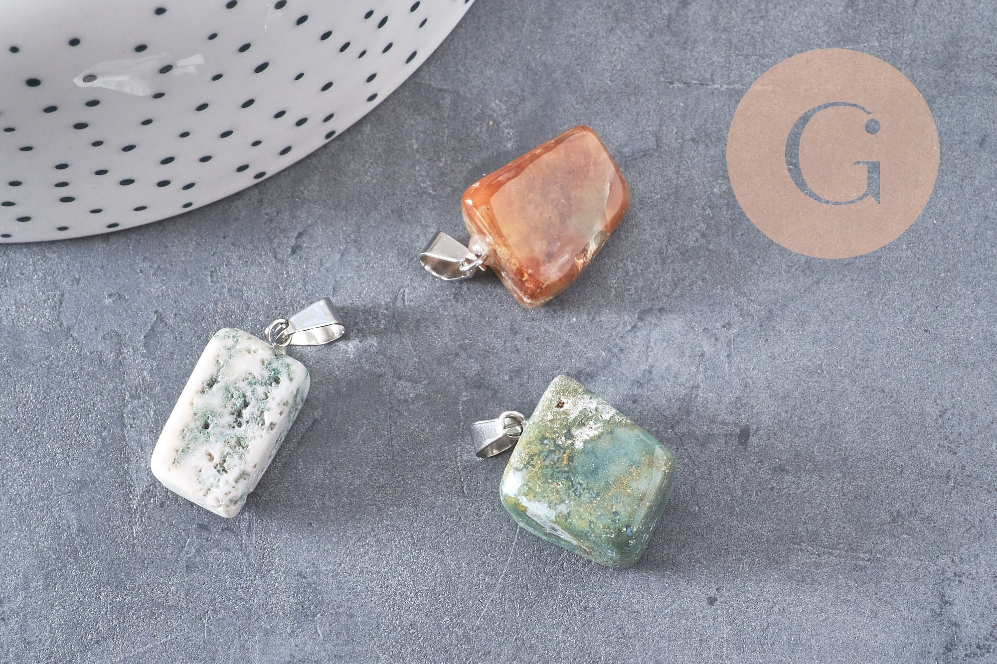 Pendentif agate indienne naturelle support acier inoxydable platine 35mm,Pendentif bijoux pierre naturelle, ,création bijoux pierre x1 G5506