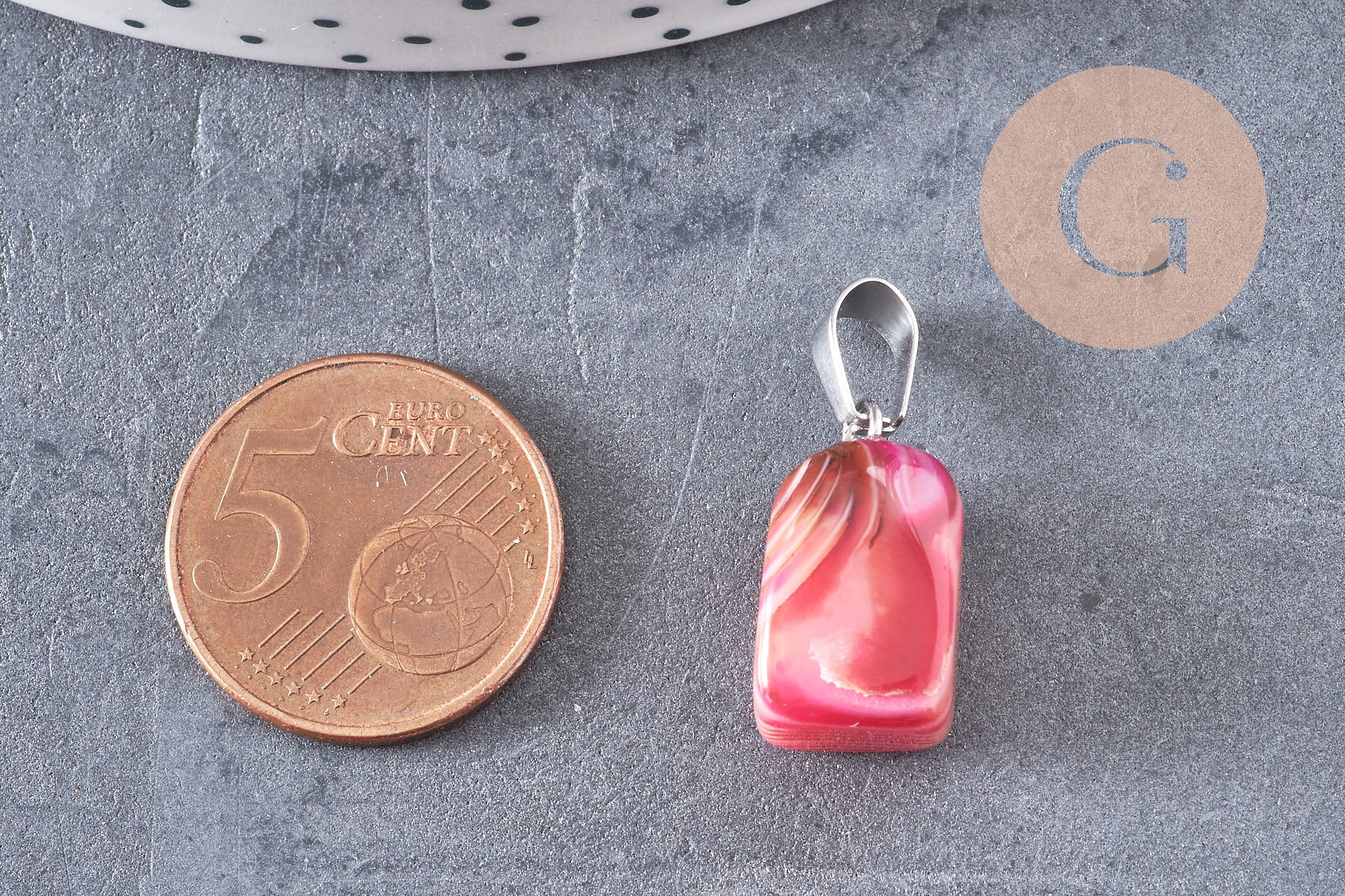 Pendentif agate rose rayée support acier argent, pendentif pierre, agate naturelle,création bijoux, pierre naturelle, 23mm, x1, G3901
