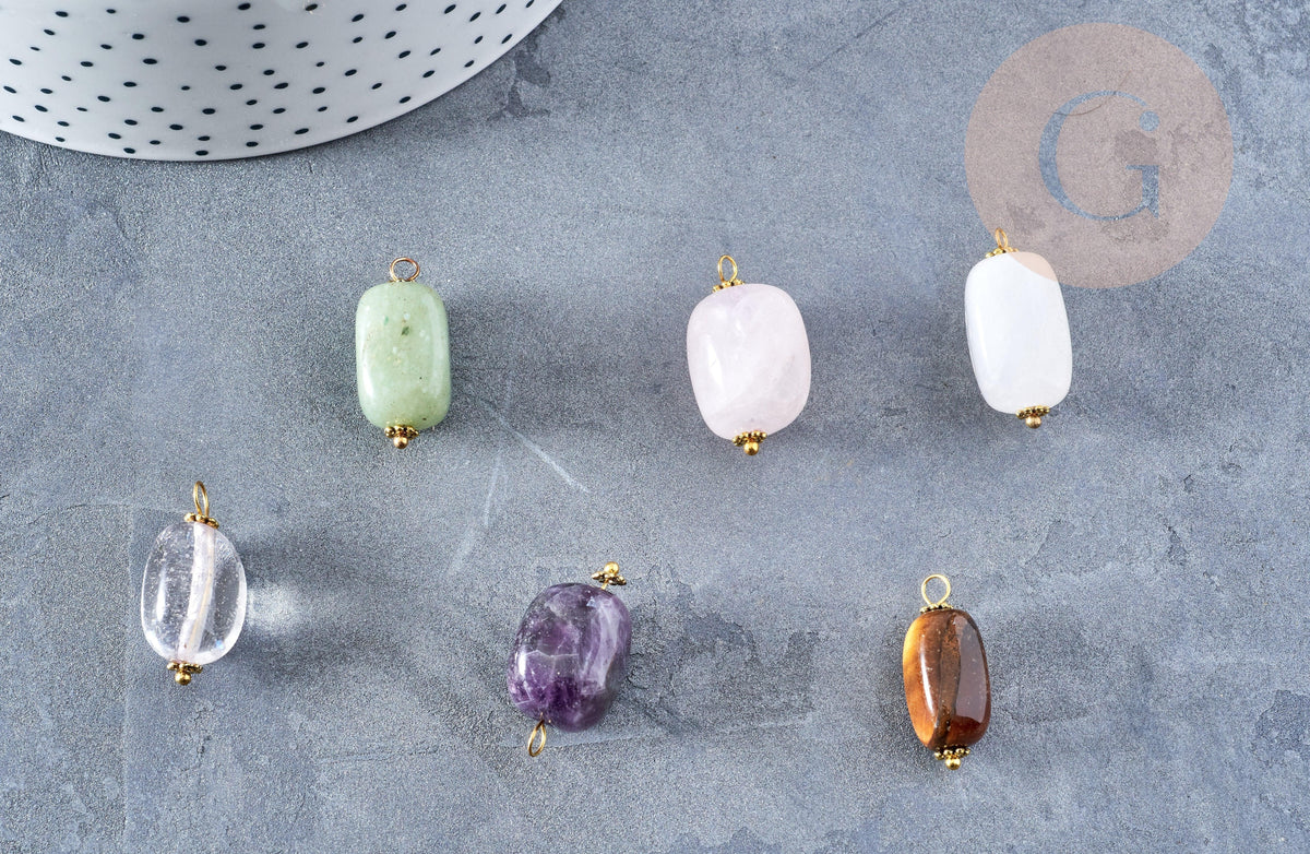 Pendentif connecteur aventurine améthyste quartz agate oeil du tigre zamac doré 21mm,pendentif pierre naturelle, x1 (G5659)