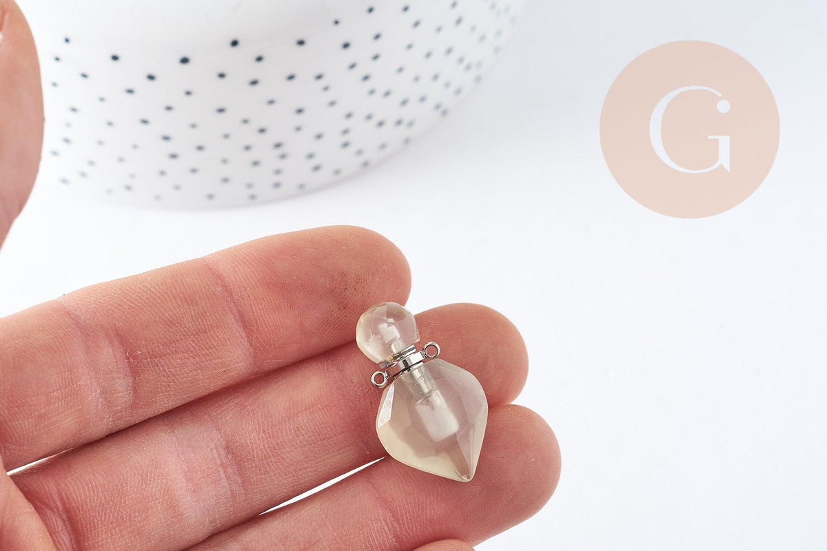 Pendentif bouteille parfum quartz citron naturel laiton platine 27mm, x1 (G9105)