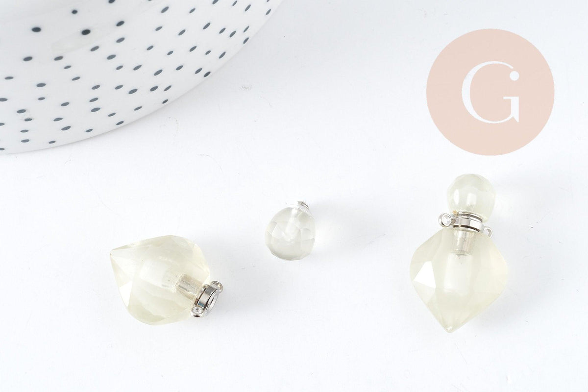 Pendentif bouteille parfum quartz citron naturel laiton platine 27mm, x1 (G9105)
