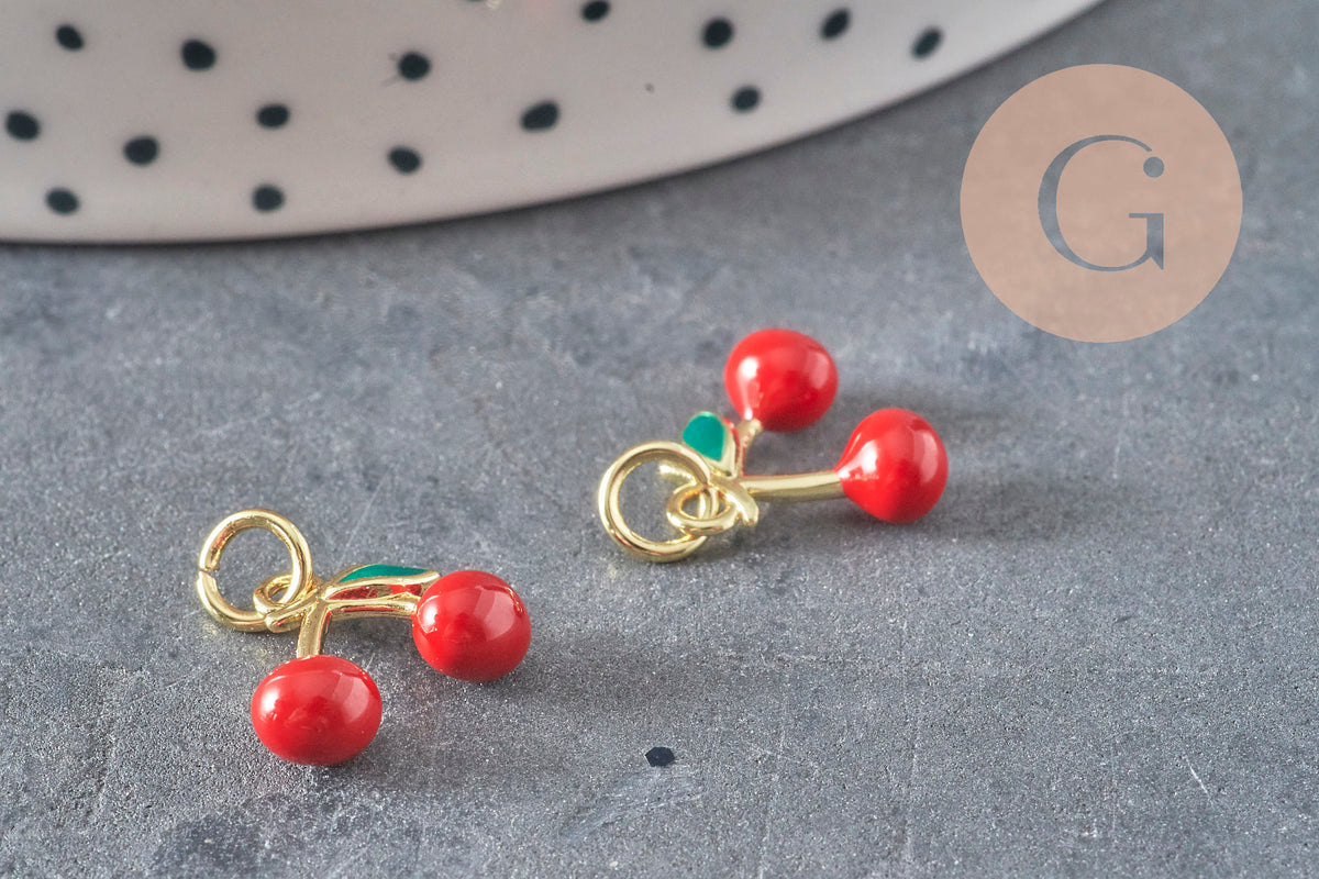 Colgante cereza dorado esmaltado rojo latón chapado en oro 18K 11mm, x1 (G8582)