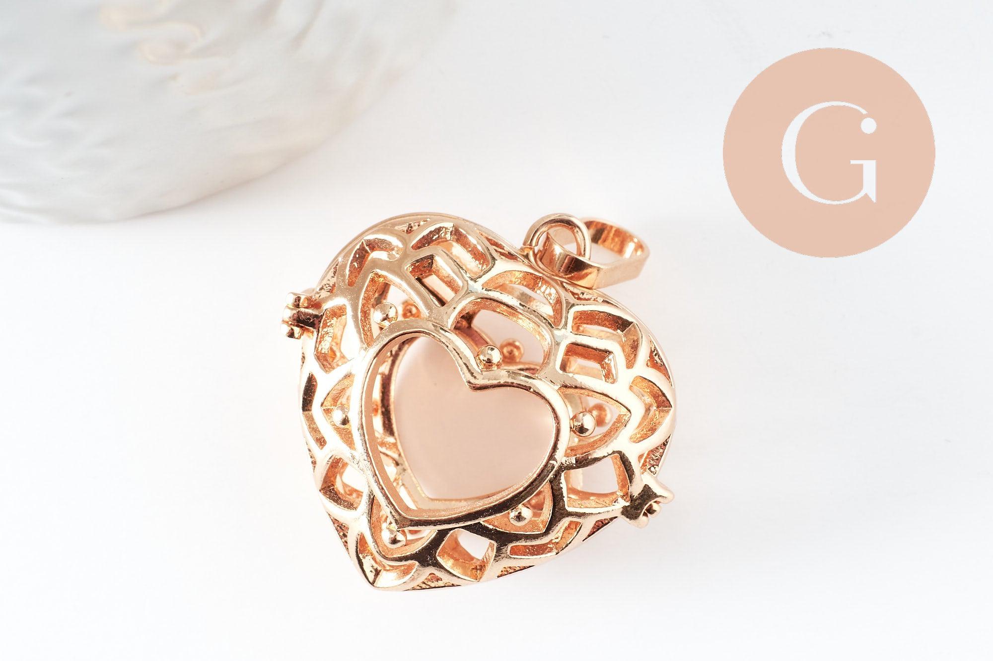 Pendentif coeur Bola harmony carillon laiton doré, bijoux de création grossesse, Vendu sans carillon, 35mm, x1 (G5974)
