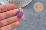 Silver-plated steel purple natural agate heart pendant 23mm, x1 (G11263)