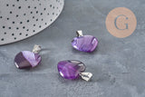 Silver-plated steel purple natural agate heart pendant 23mm, x1 (G11263)