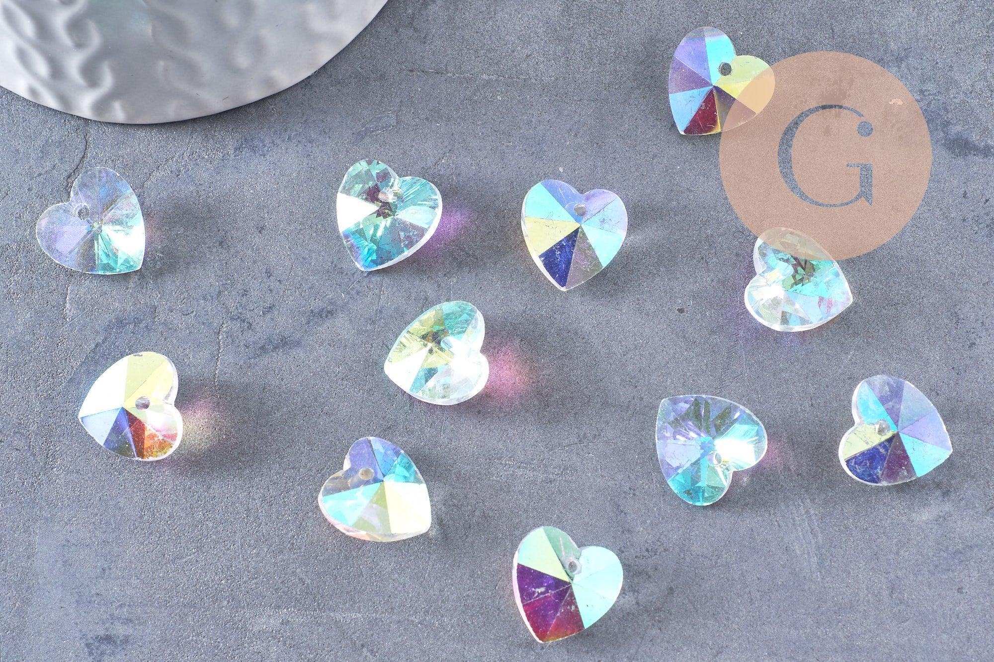 Pendentif cœur facetté en cristal transparent irisé 14mm, x10 (G10413)