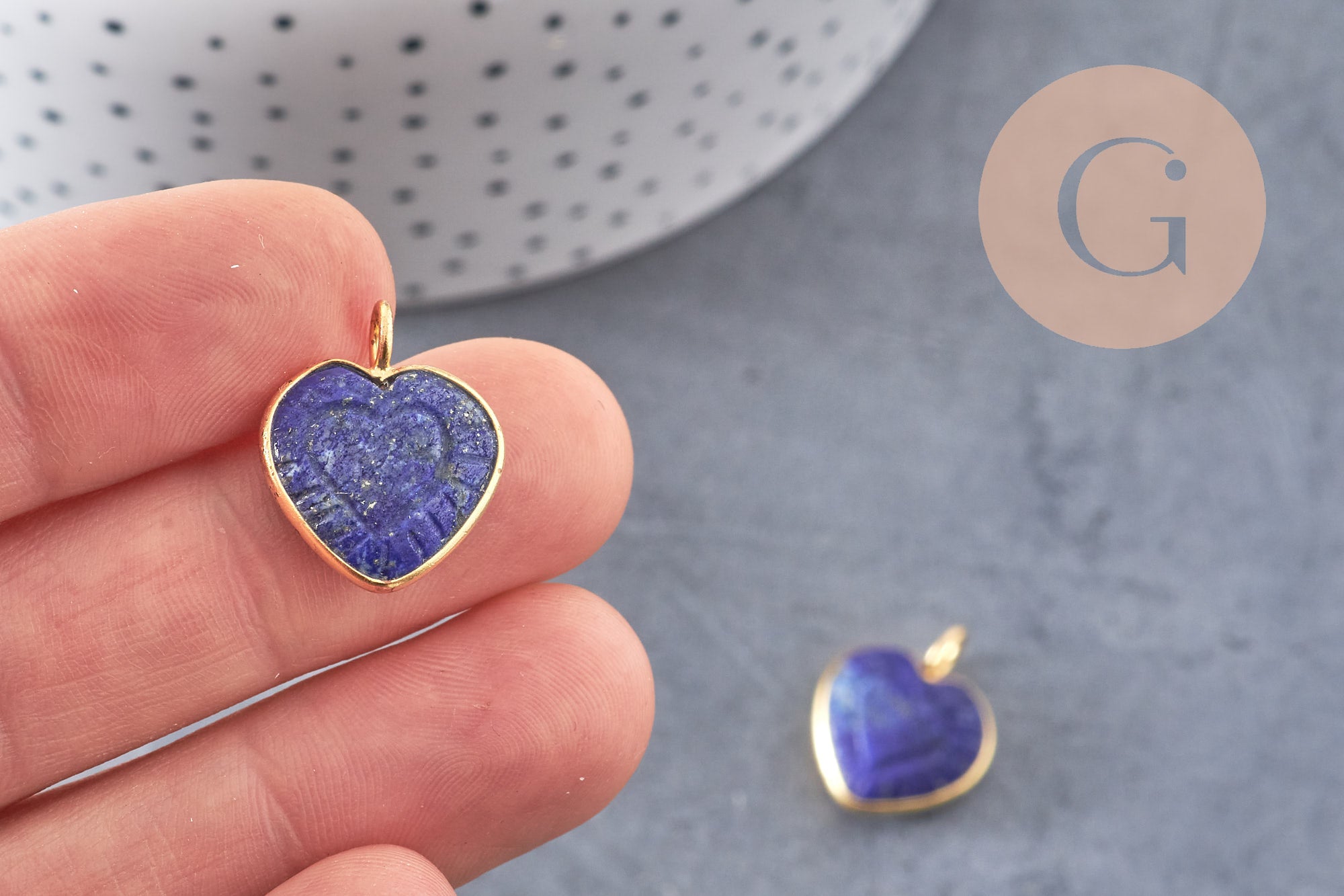 Pendentif coeur gravé pierre naturelle rose naturel argent 925 doré 18K 14mm, x1 (G10843)