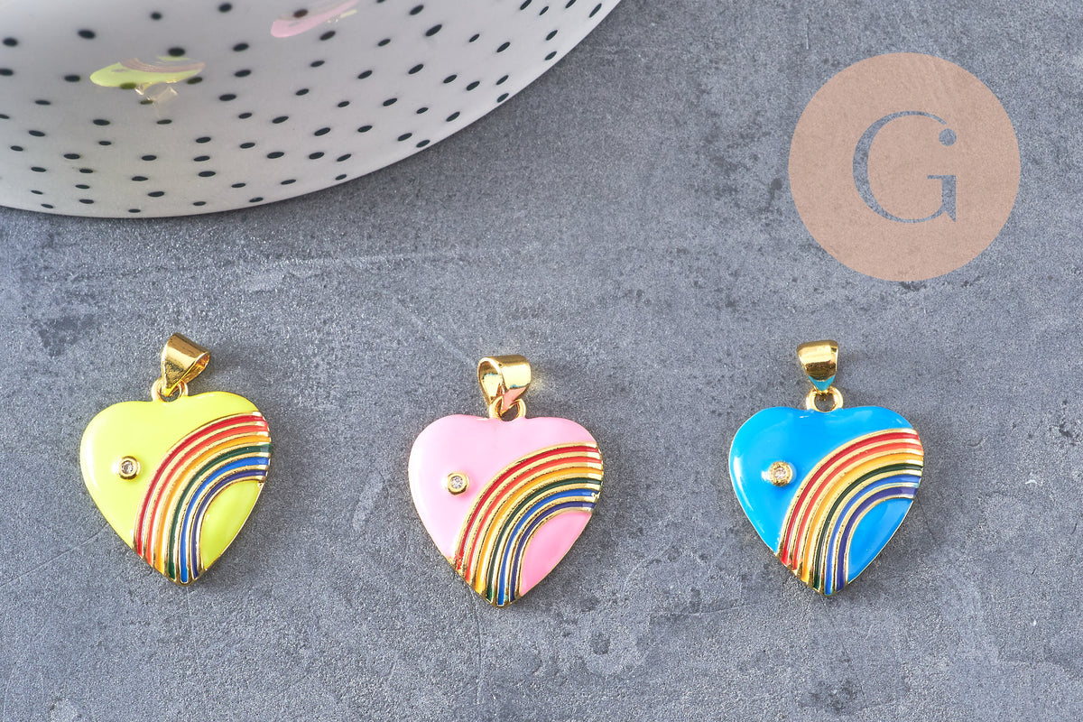 Pendentif coeur laiton doré 18K émaillé arc-en-ciel,21mm, x1 (G4649)