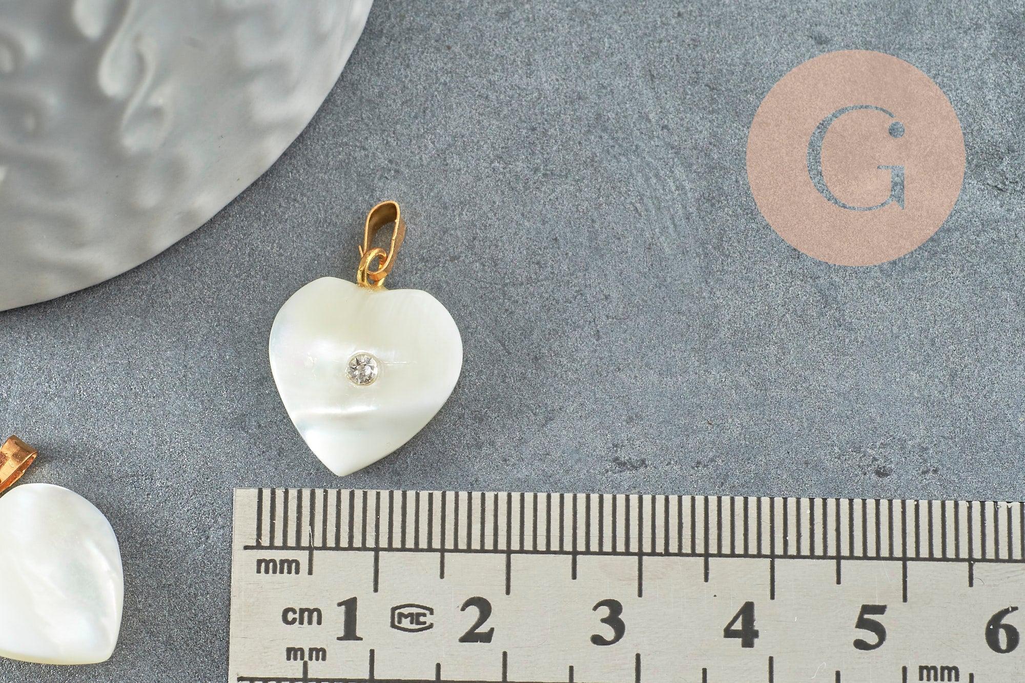 Pendentif coeur nacre blanche naturelle doré cristal 19mm, x1 (G1065)