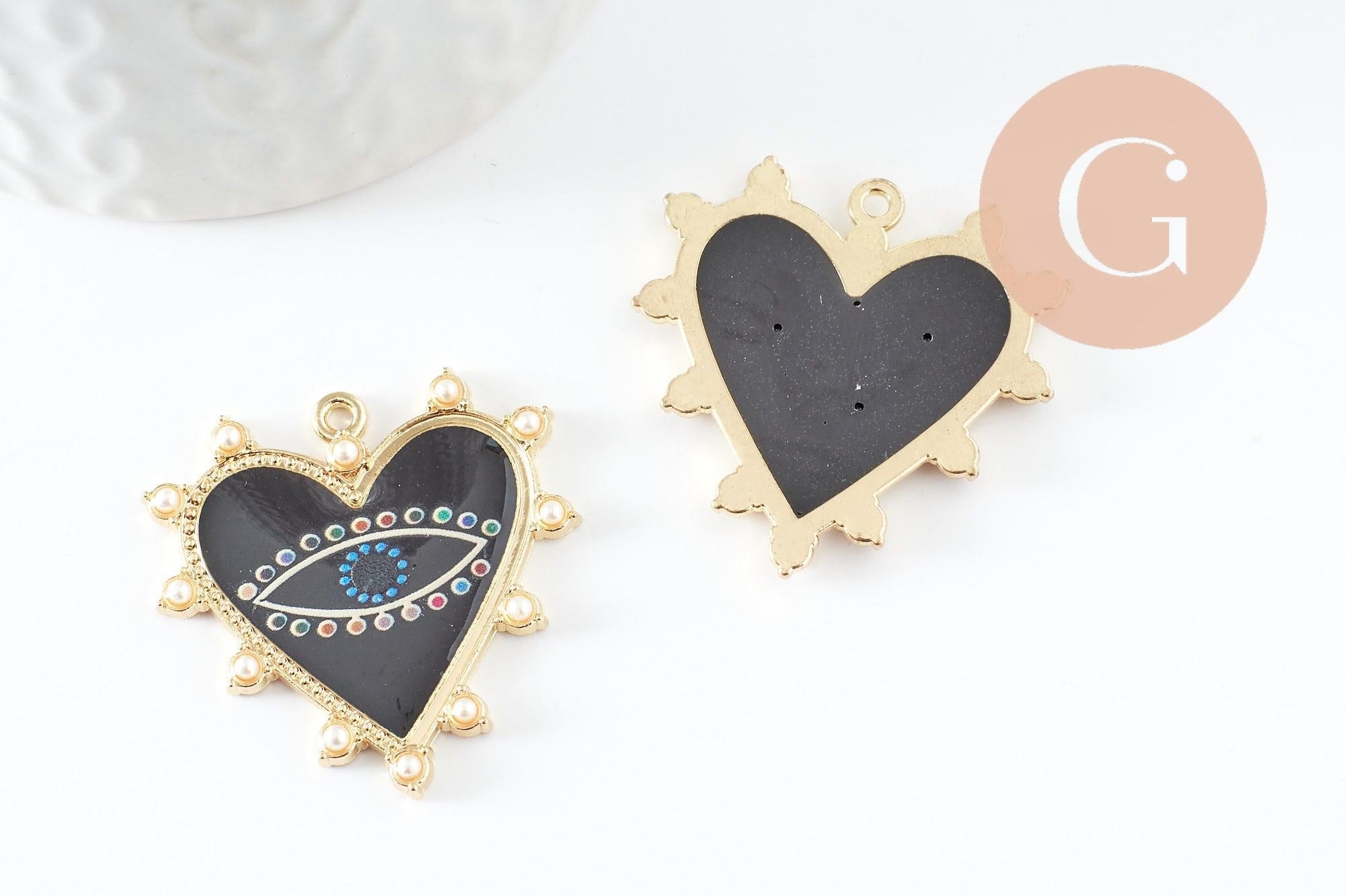 Pendentif coeur zamac doré émail noir 33mm, x1 (G4116)