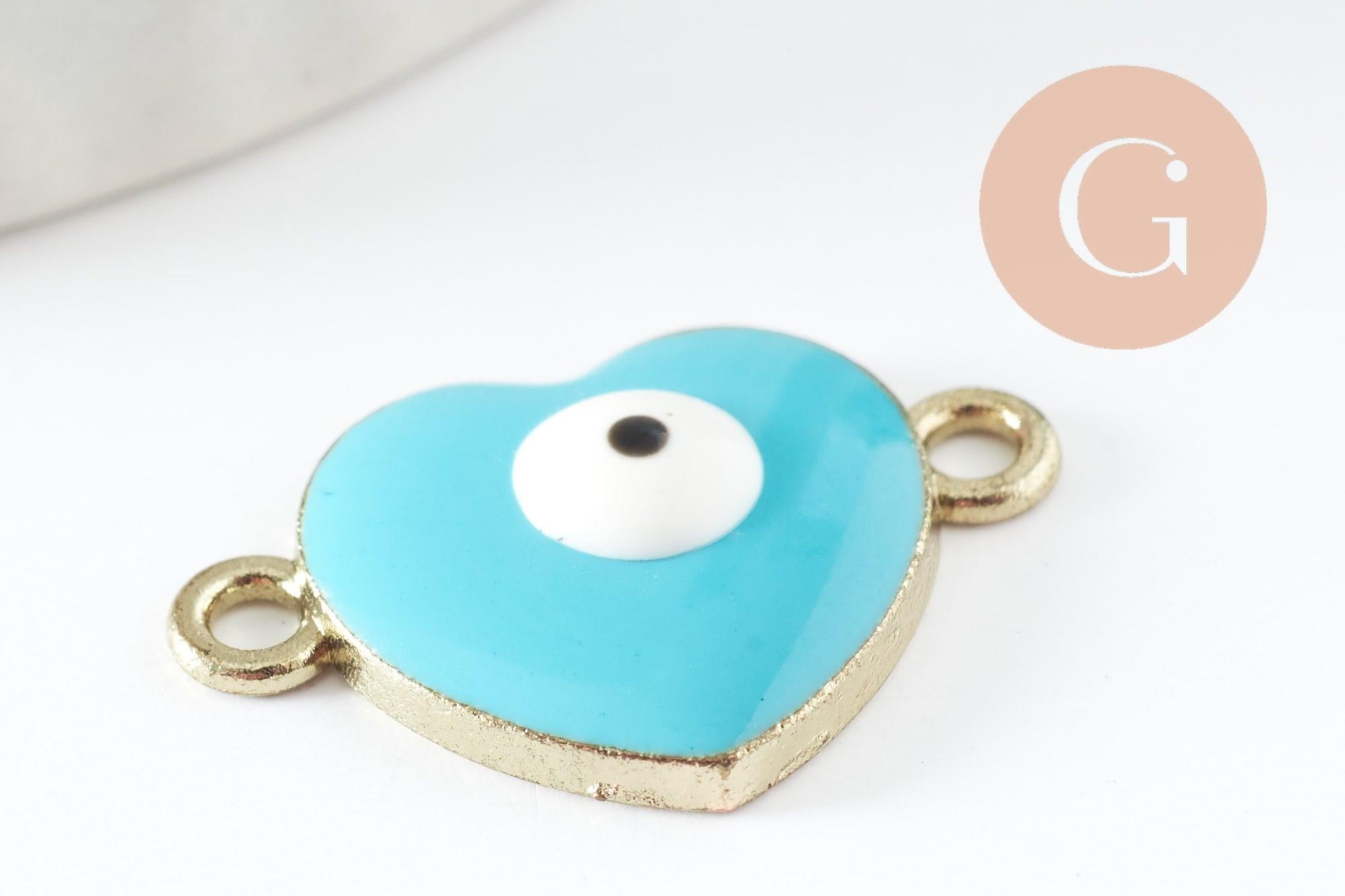 Pendentif connecteur coeur oeil protecteur émail laiton doré 18K,pendentif laiton amour pour création bijoux,20.5mm, x2 (G4295)