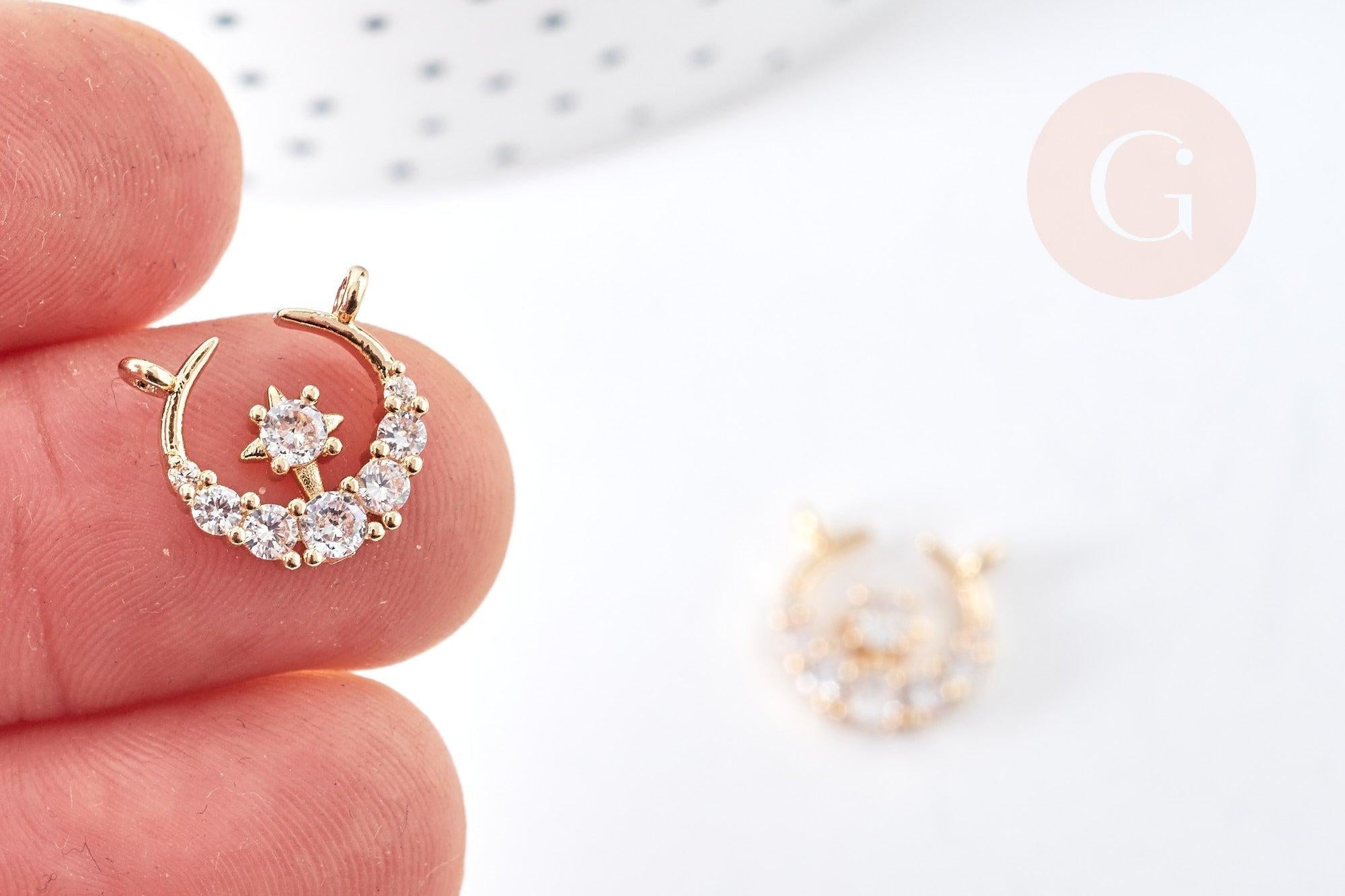 Pendentif connecteur croissant lune laiton doré zircons blancs 12mm,creation bijoux Lune, x1 (G8437)
