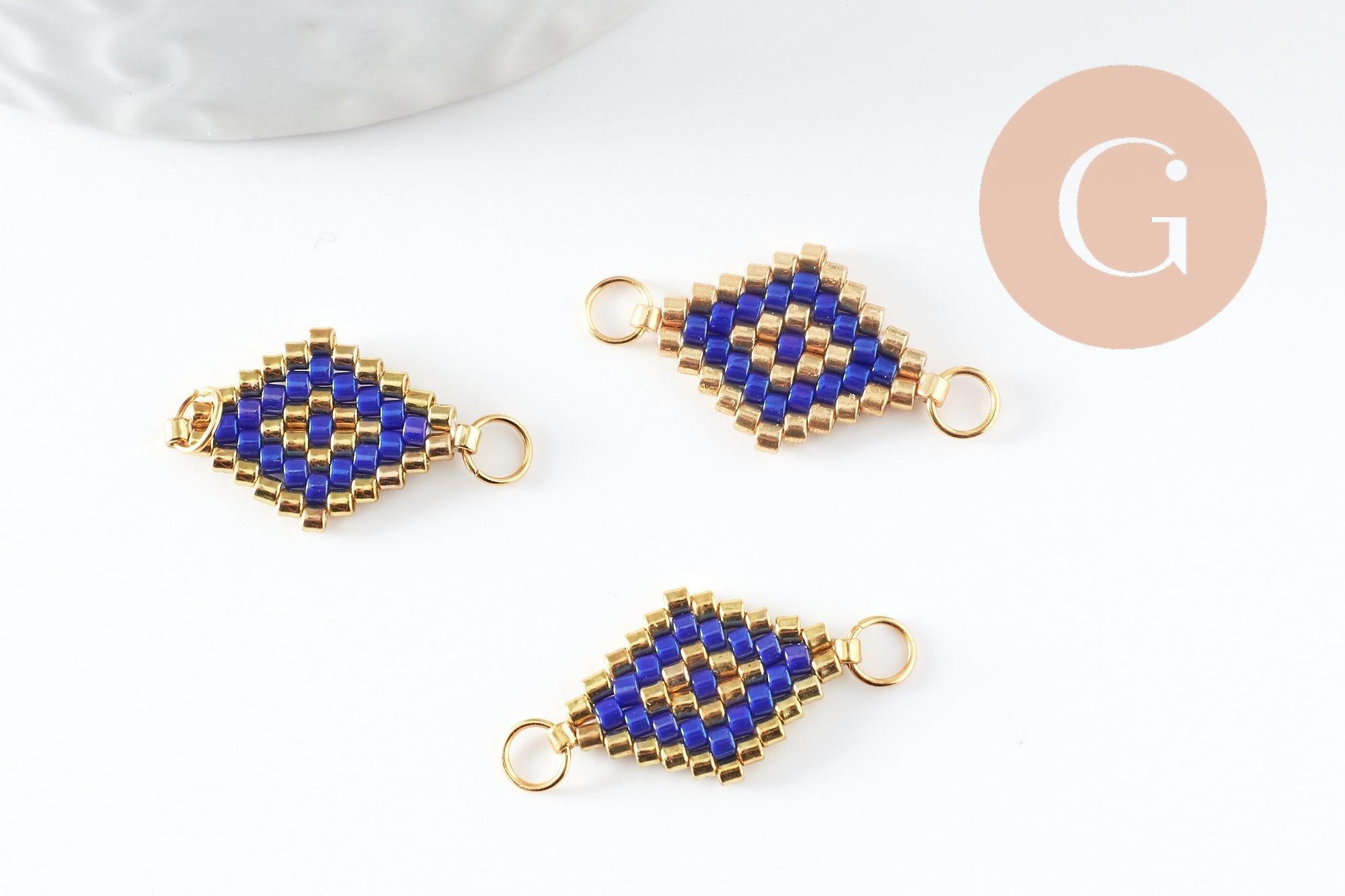 Pendentif connecteur losange rocaille MIYUKI TOHO bleu or,pendentif verre pour création bijoux, 18x12mm,x1 G4028