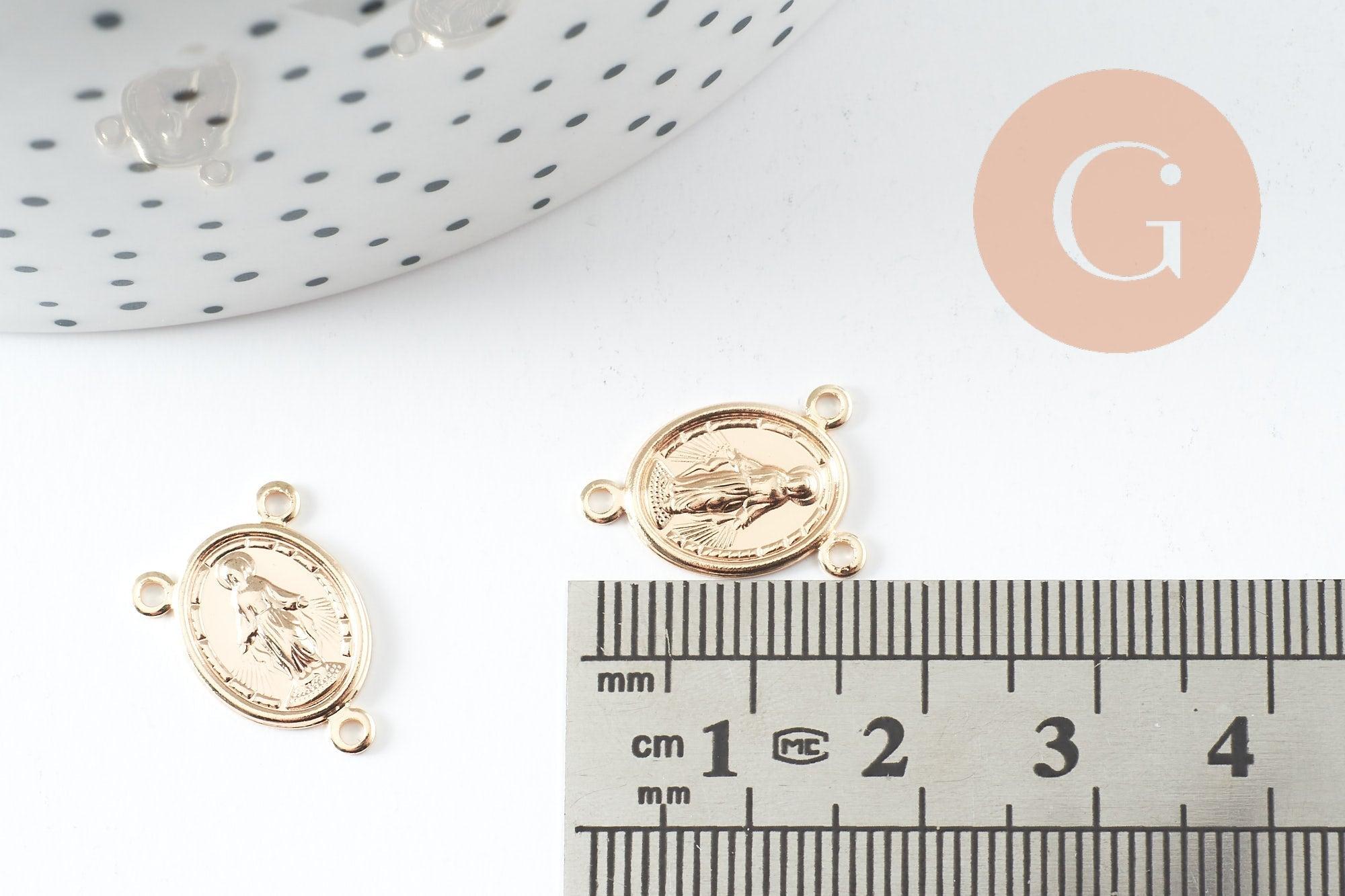 Pendentif connecteur médaille ovale Vierge Marie or 18K 17mm, pendentif 3 anneaux notre dame madonne, x5 (G10042)
