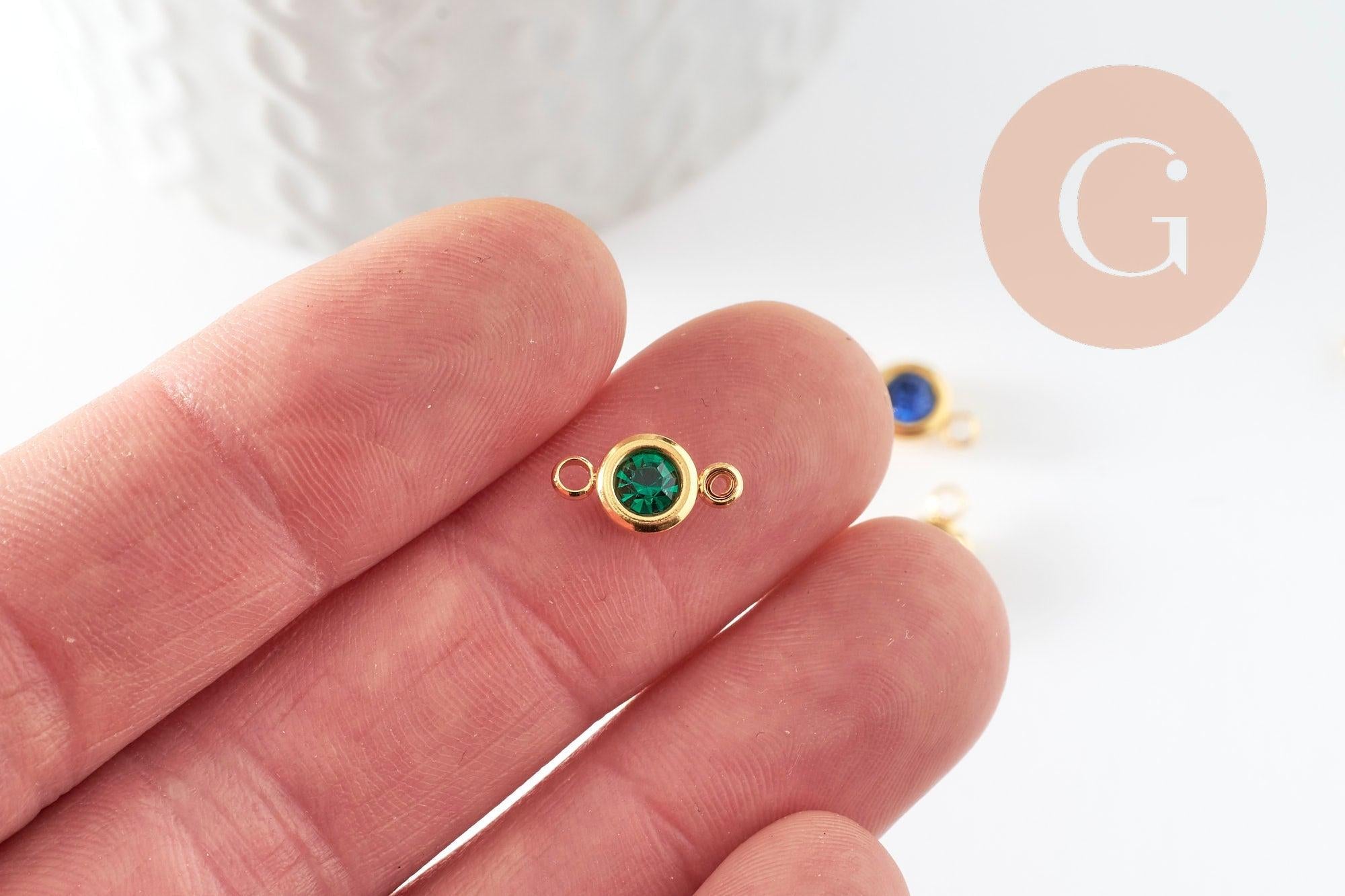 Pendentif connecteur rond acier 304 inoxydable doré zircon coloré 12mm, x1 (G9582)