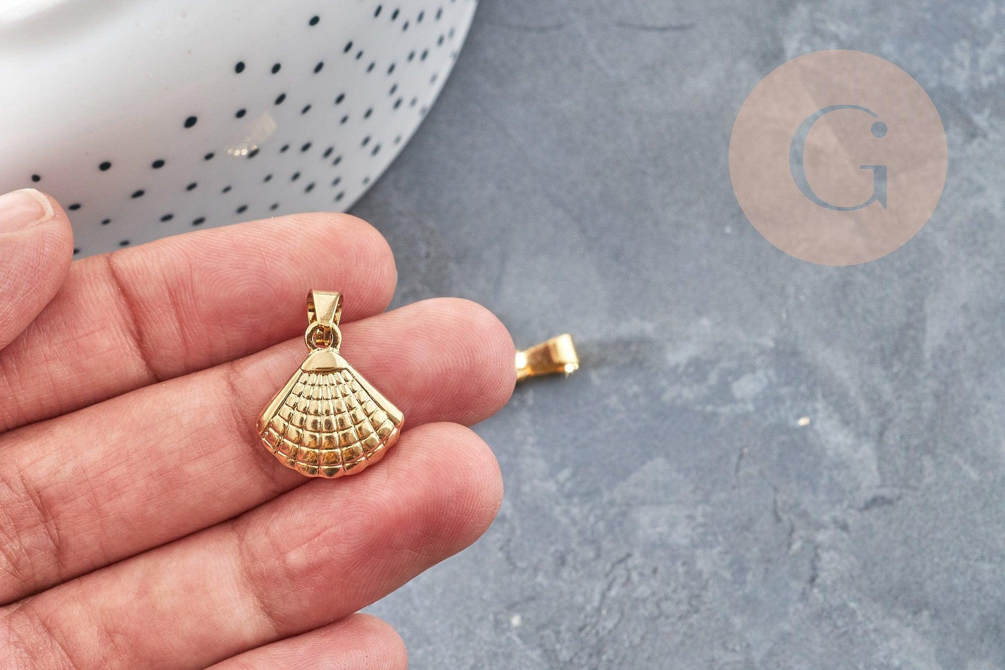 Pendentif coquillage acier 304 doré inoxydable 17.3mm, Pendentif création bijoux sans nickel x1 (G6010)
