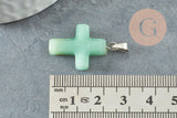Pendentif croix aventurine verte naturelle laiton platine 15mm, x1 (G1977)