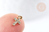 Pendentif croix zircon acier 316 doré inoxydable 8.5mm, x1 (G8819)