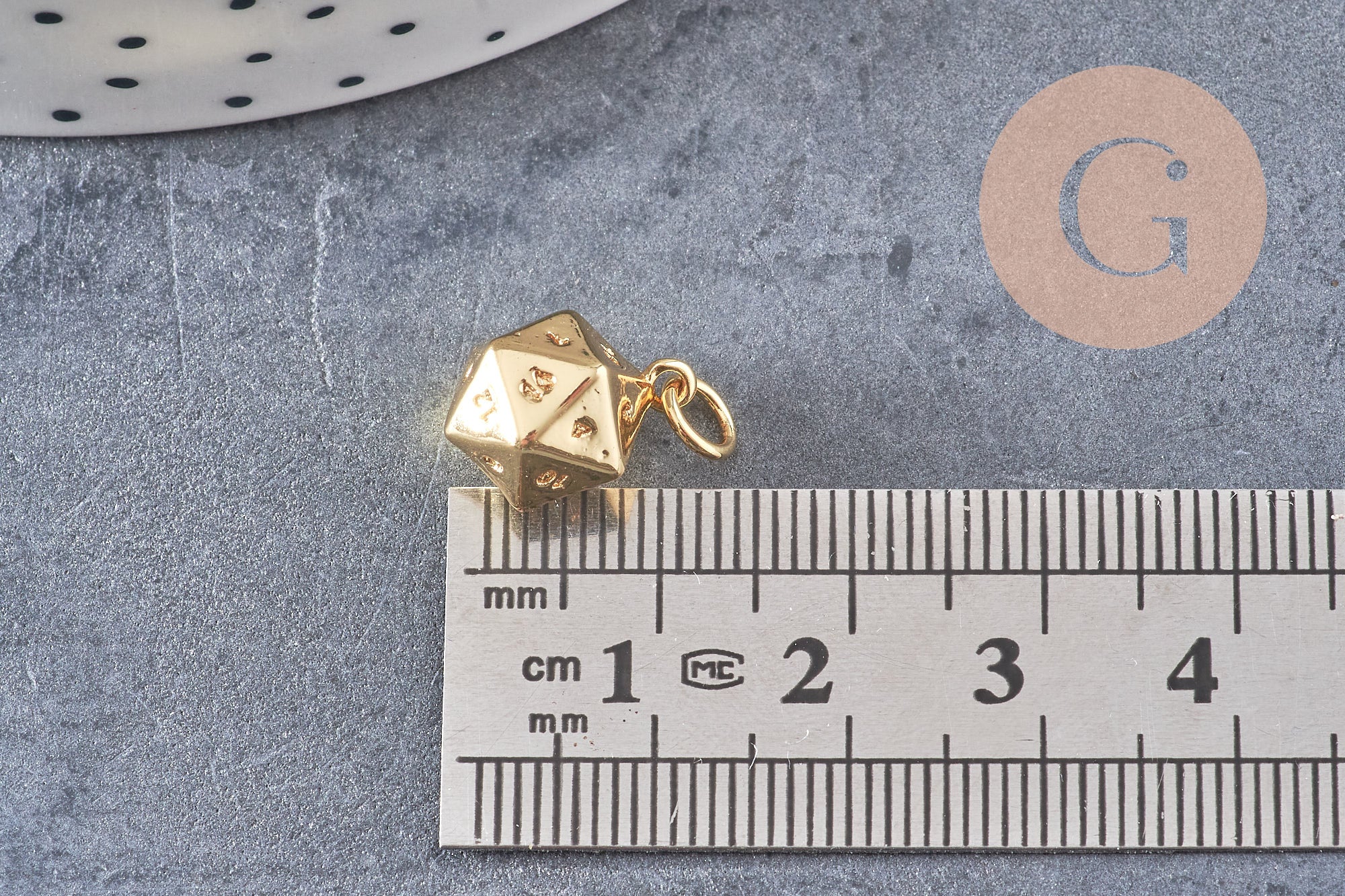 Pendentif dé 20 faces doré 18K,pendentif doré jeu,porte-bonheur, Pendentif jeu, 13.5mm, x1 (G3793)