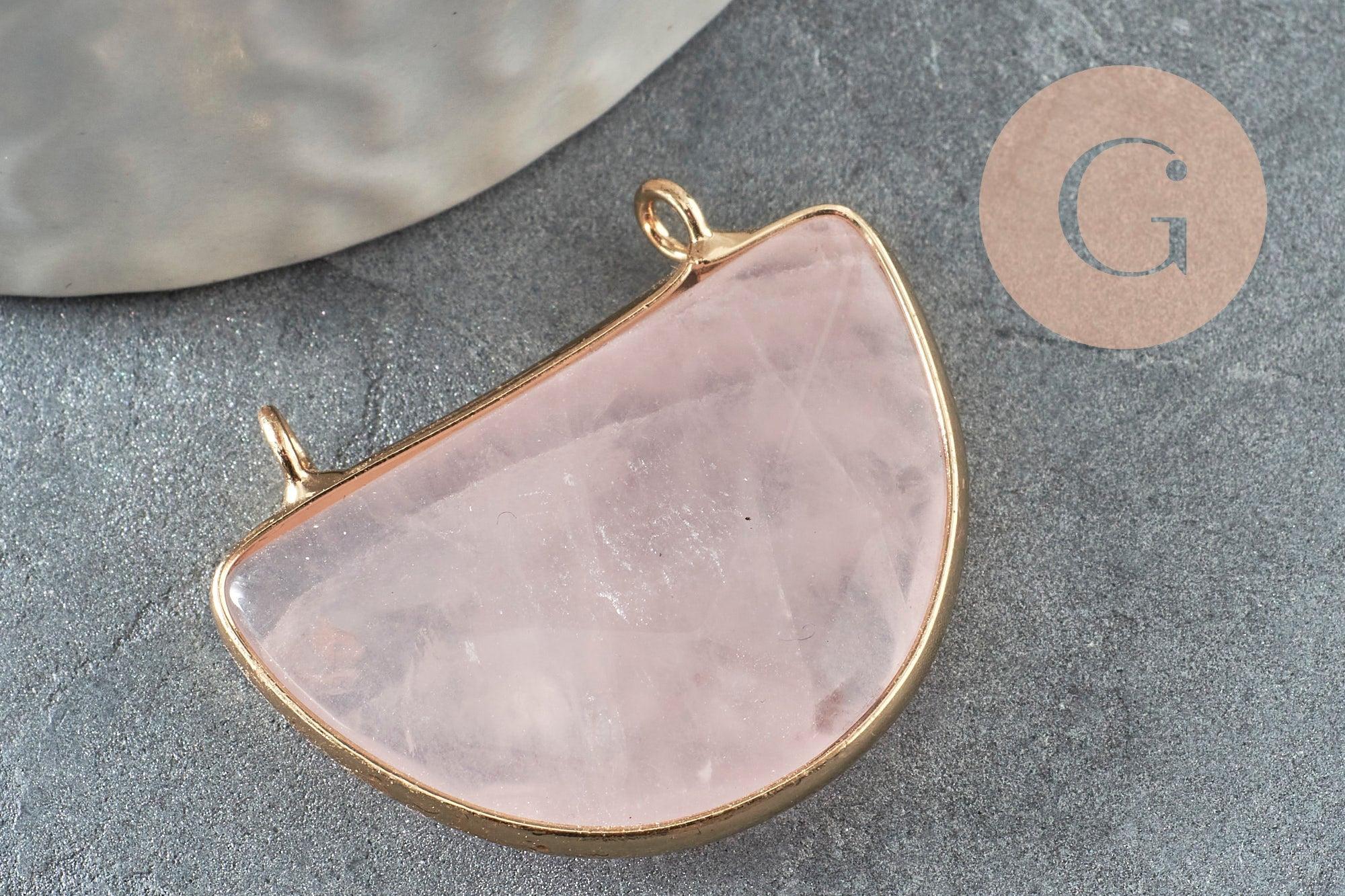 Pendentif demi-lune quartz rose naturel laiton doré 32mm,création bijoux litothérapie, x1 G0740