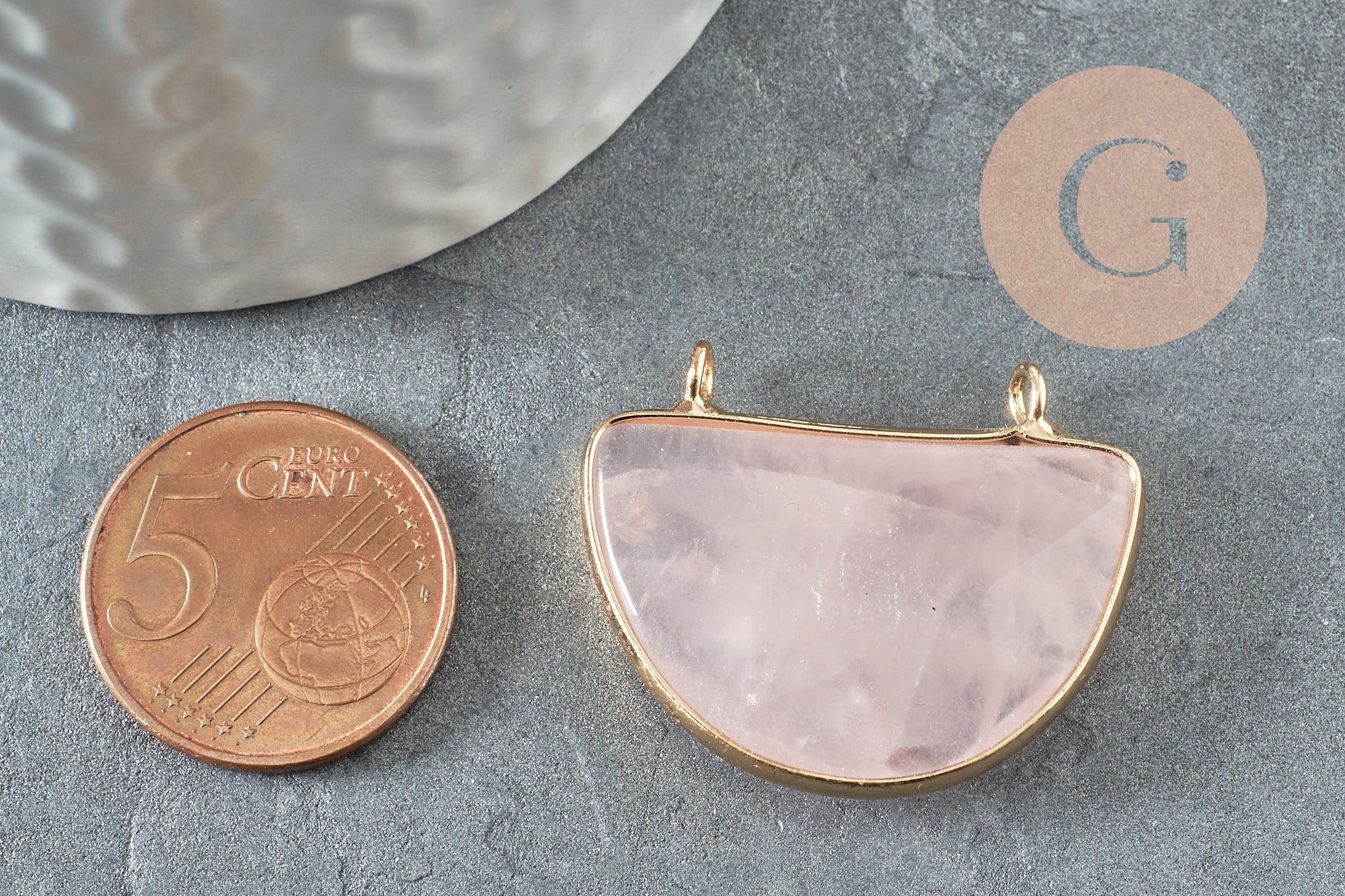 Pendentif demi-lune quartz rose naturel laiton doré 32mm,création bijoux litothérapie, x1 G0740
