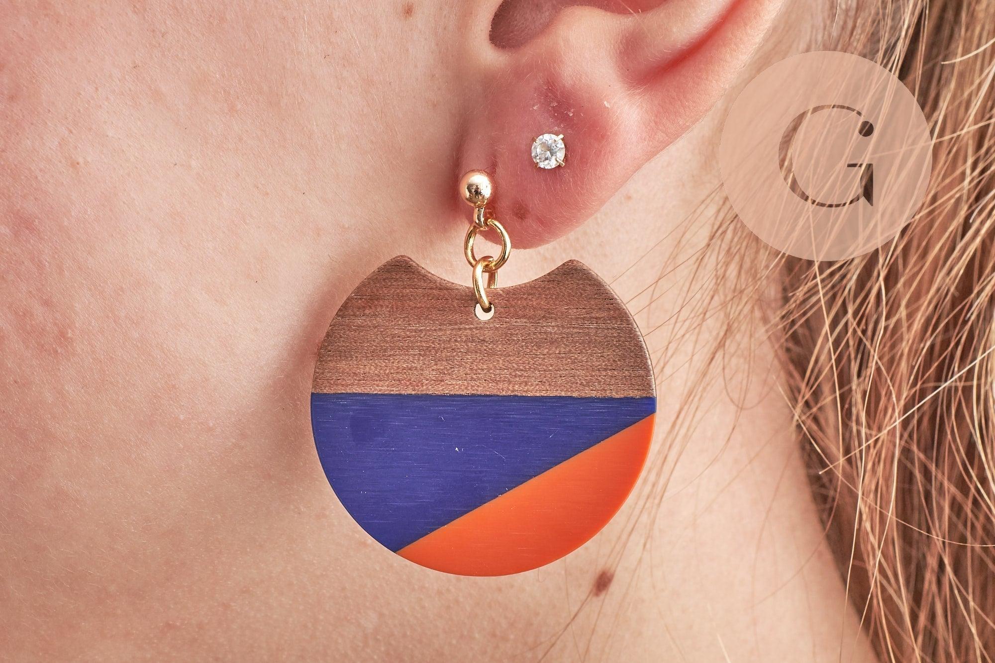 Pendentif disque en bois de noyer résine bleus et orange 37mm, x2 (G9849)