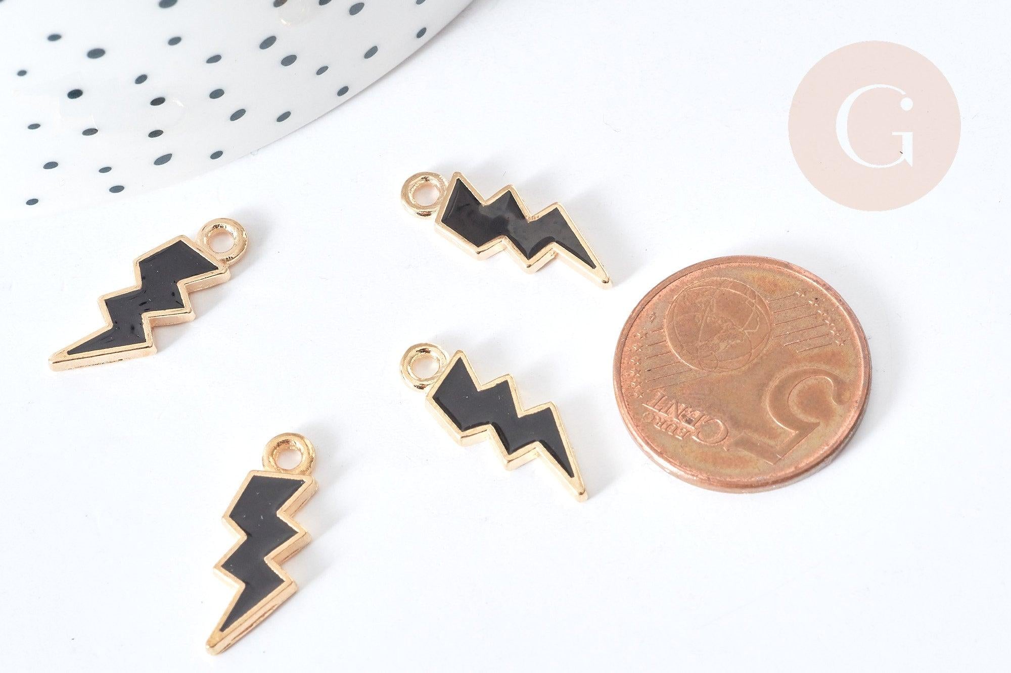 Pendentif éclair doré émaillé noir zamac doré 20mm,pendentif doré création bijoux, x 5 G8092