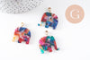 Pendentif éléphant écaille multicolore acétate laiton doré, 27mm, x1 (G4038)