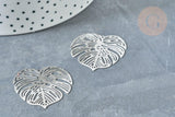 Pendentif estampe filigrane feuille tropicale acier 201 inoxydable platine 32mm, x2 (G8015)