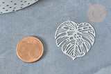 Pendentif estampe filigrane feuille tropicale acier 201 inoxydable platine 32mm, x2 (G8015)