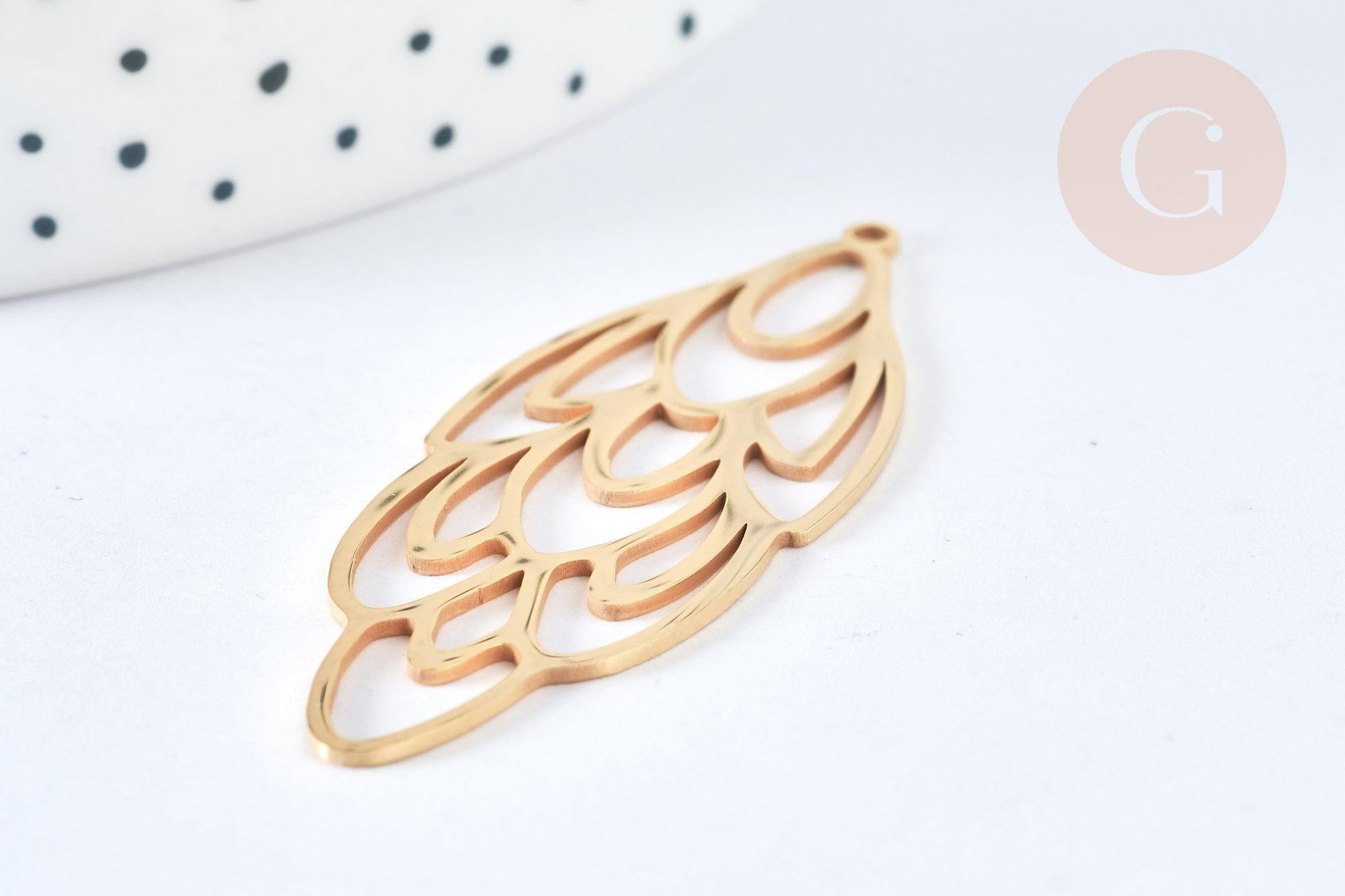 Pendentif estampe filigrane fleur acier inoxydable 201 doré 52mm, Pendentif léger création de bijoux, x1 G7254