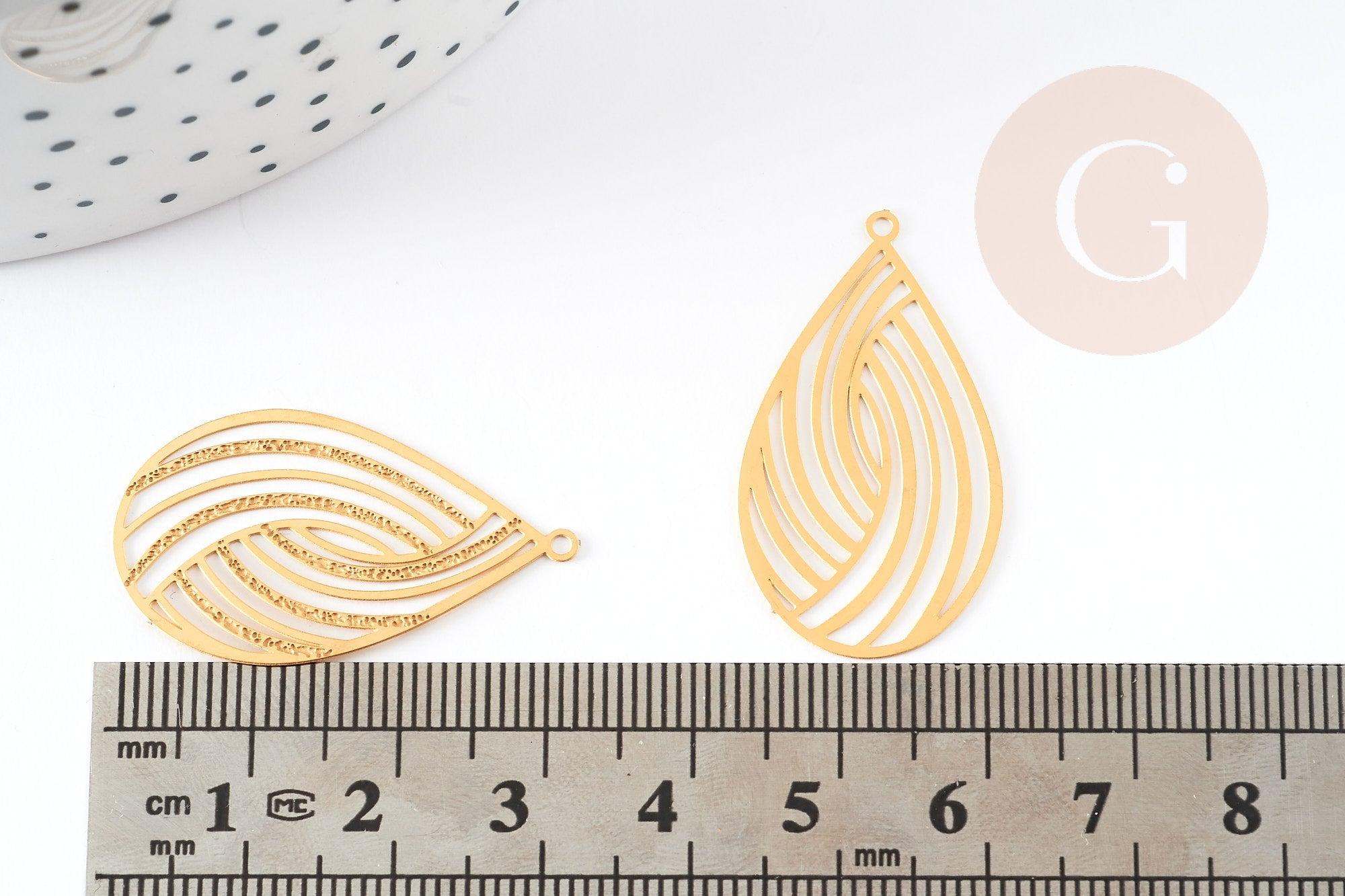 Pendentif estampe filigrane goutte acier inoxydable 304 doré texturé 32x18mm, x2 (G9201)
