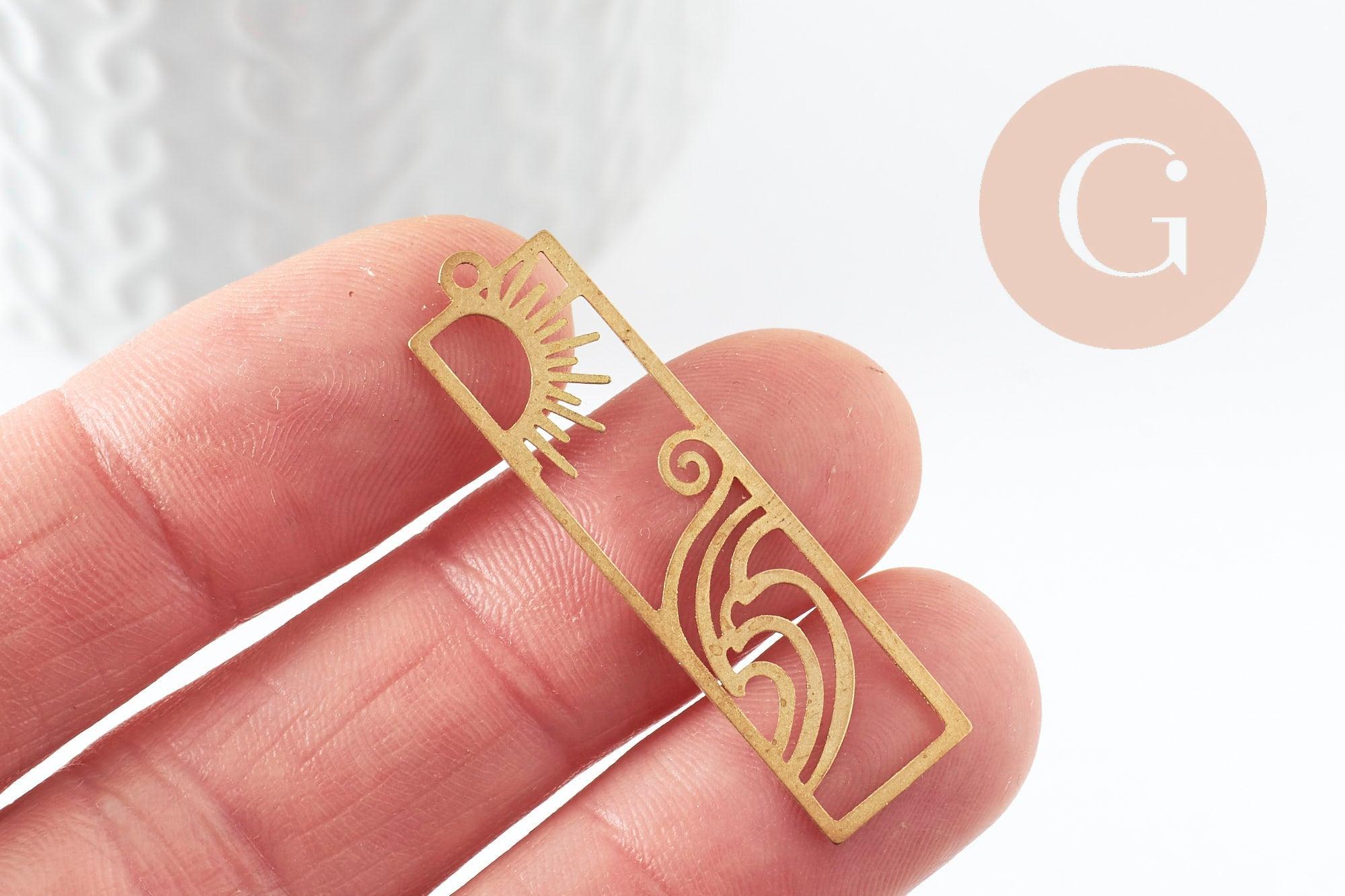 Pendentif estampe filigrane rectangle soleil vague laiton brut 41.5mm, Pendentif très fin et léger pour création de bijoux DIY x1 G9694