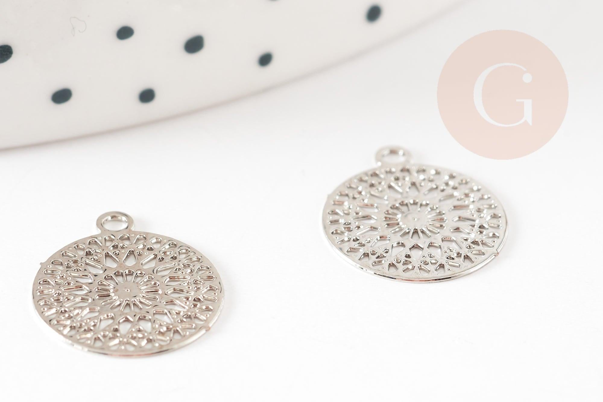 Pendentif estampe filigrane rond fleur dentelle laiton platine 14mm, Pendentif léger pour création bijoux argent, x2 (G9304)