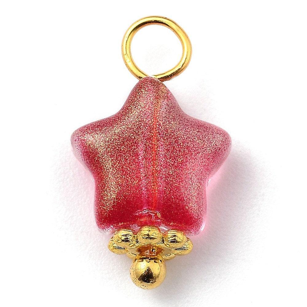Pendentif étoile doré carats verre coloré 14mm, x10 (G6225)