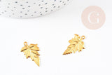 Pendentif feuilles laiton doré 18K 23mm,breloque laiton feuille arbre, x5 (G3568)