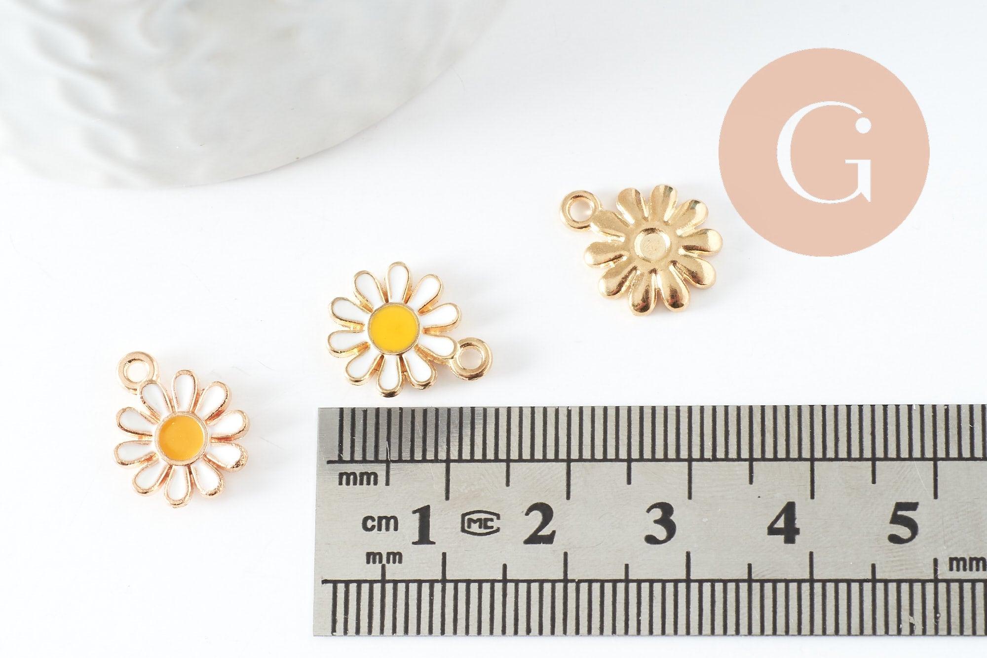 Pendentif fleur Marguerite doré émaillé zamac doré 14mm, x2 (G3657)
