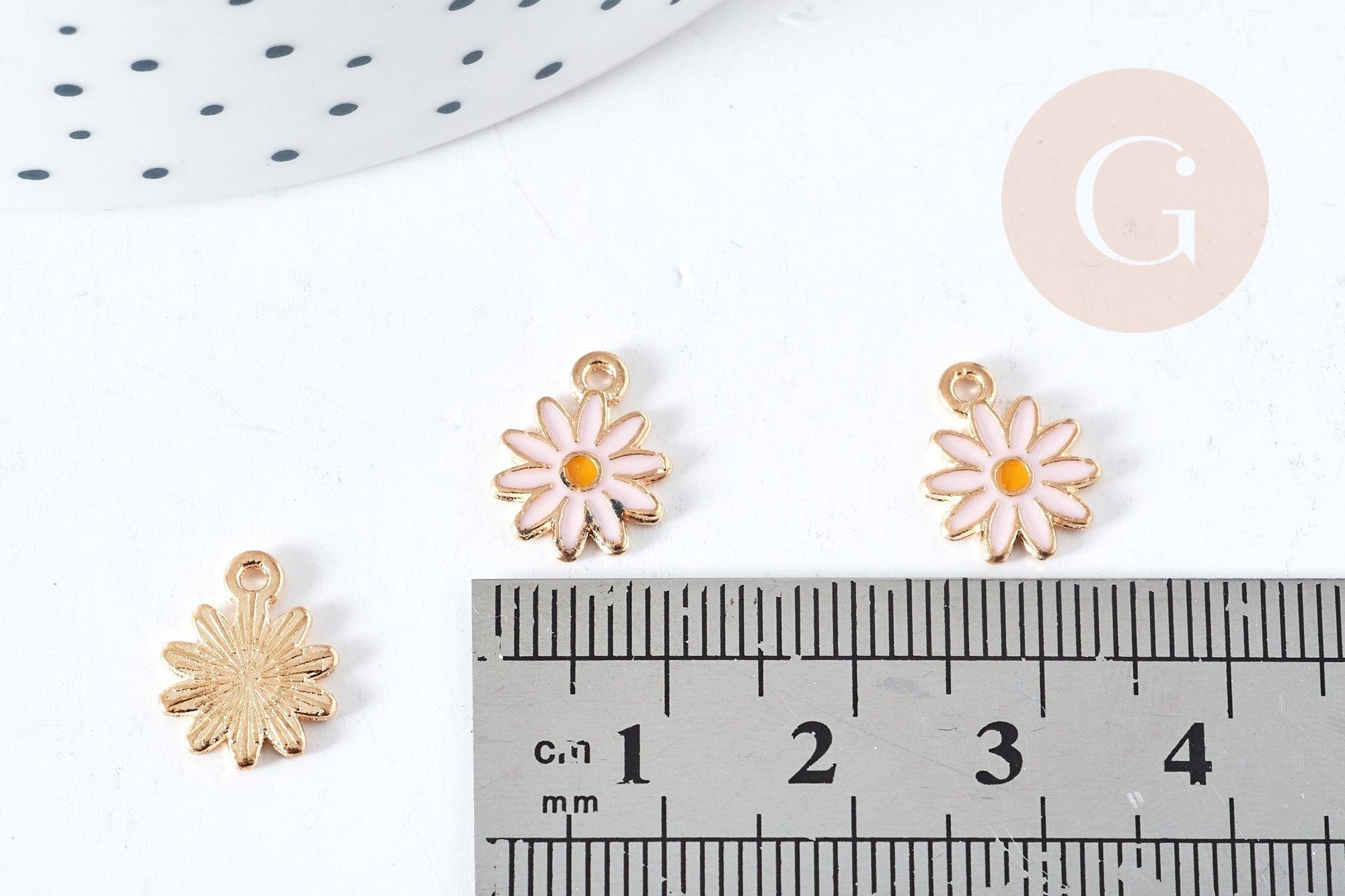 Pendentif fleur Marguerite rose doré émaillé zamac doré 13mm,création bijoux, pendentif doré, x5 G8612
