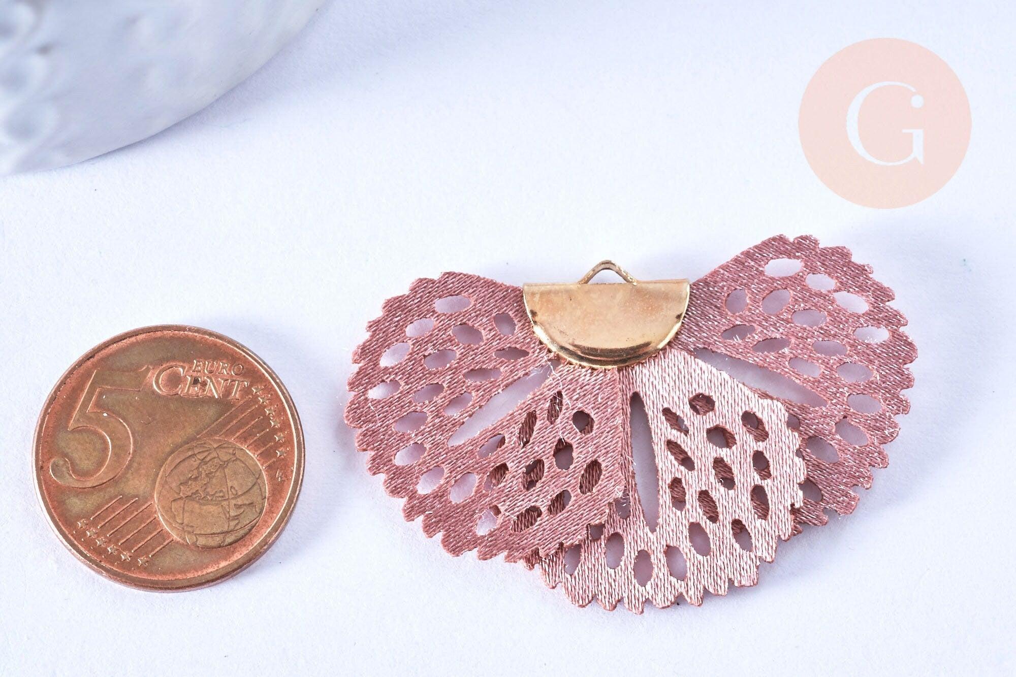 Pendentif fleur tissu soie vieux rose support doré,pendentif fleur en dentelle de tissu, 25x38mm, x2 (G5427)