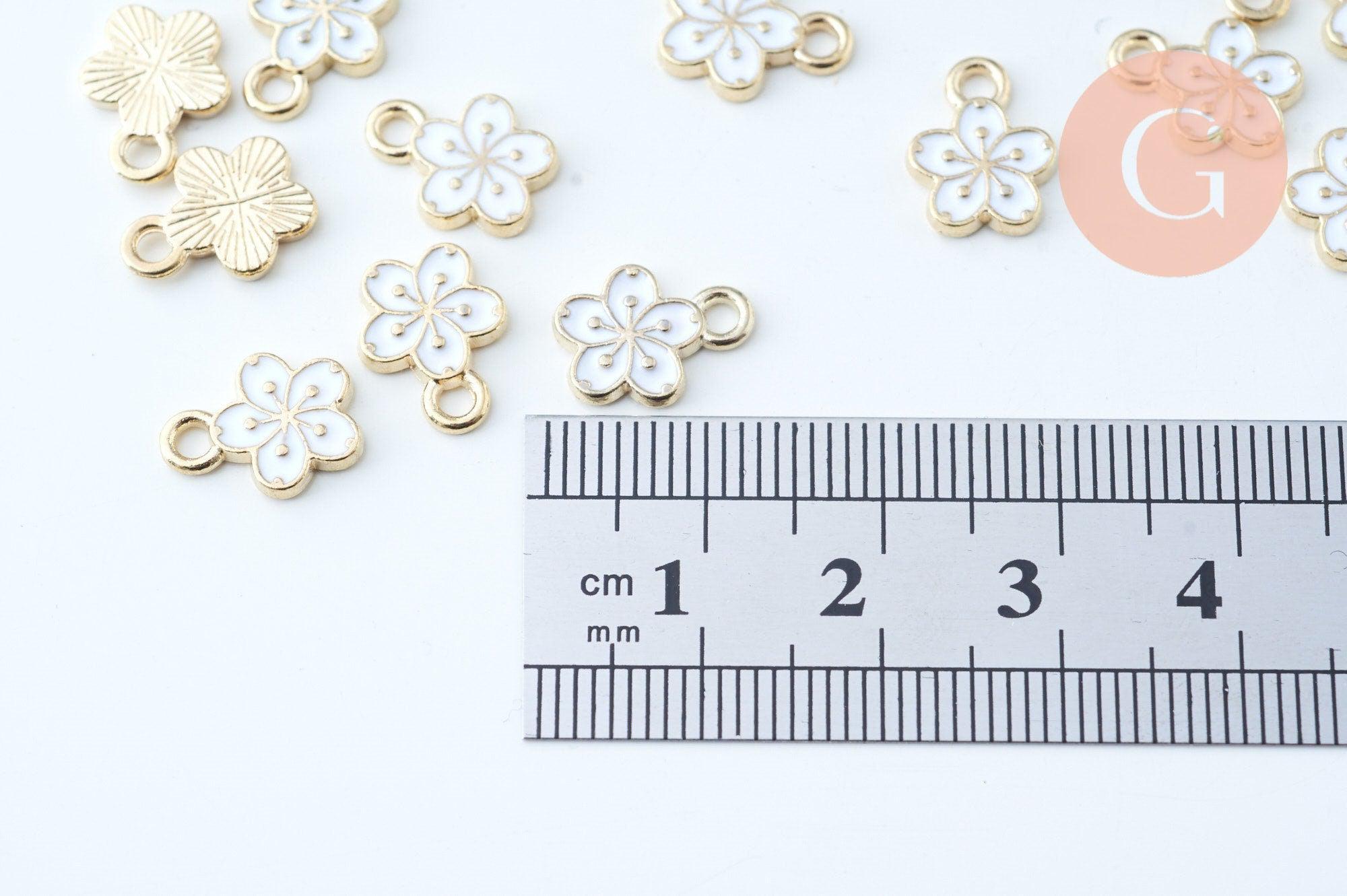 Pendentif fleur zamac doré émail blanc 12mm,pendentif doré pour création de bijoux, x5 (G6088)