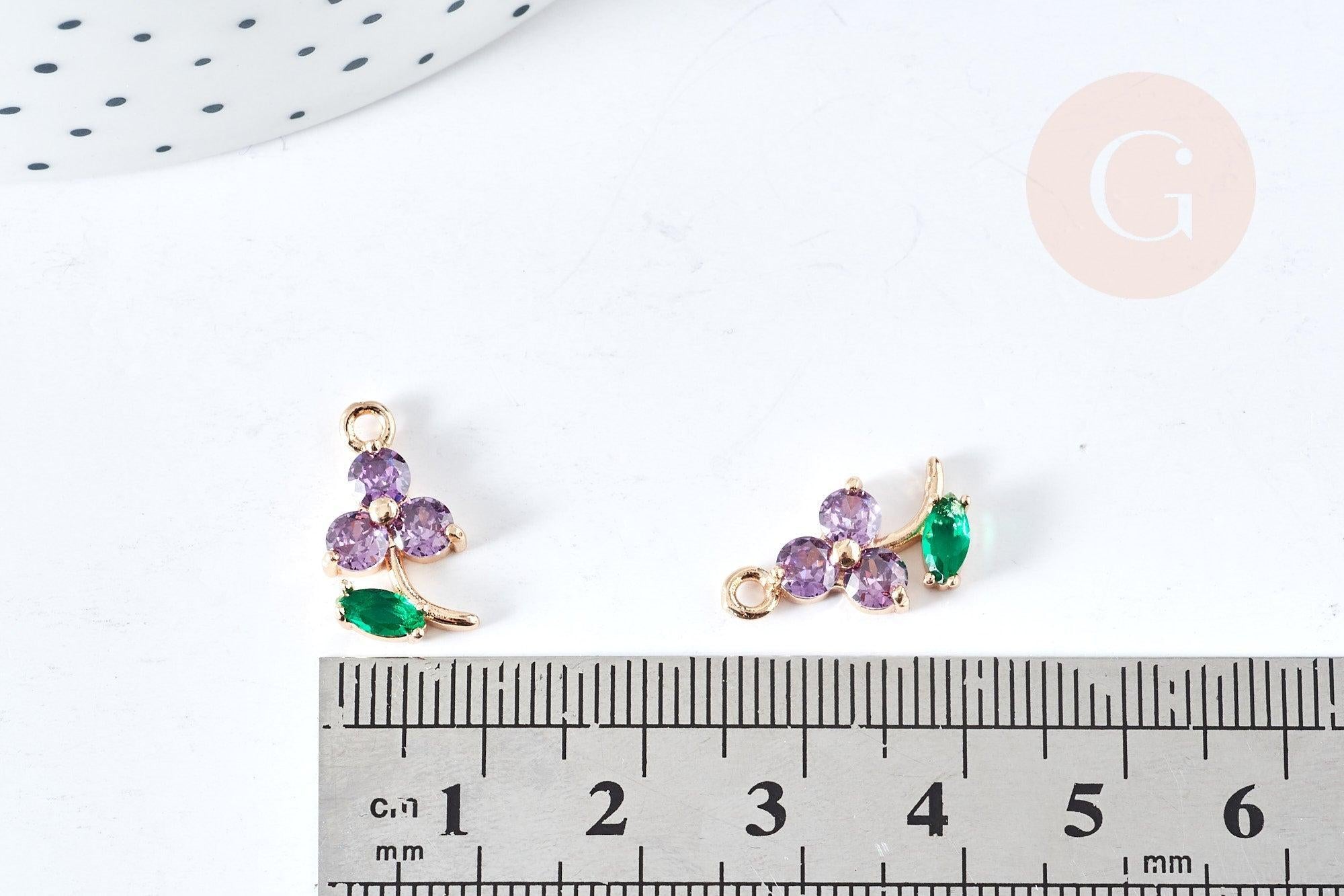 Pendentif fleur zircons violet laiton doré 17mm,pendentif fleurs création bijoux, x1 (G8404)