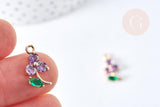 Pendentif fleur zircons violet laiton doré 17mm,pendentif fleurs création bijoux, x1 (G8404)