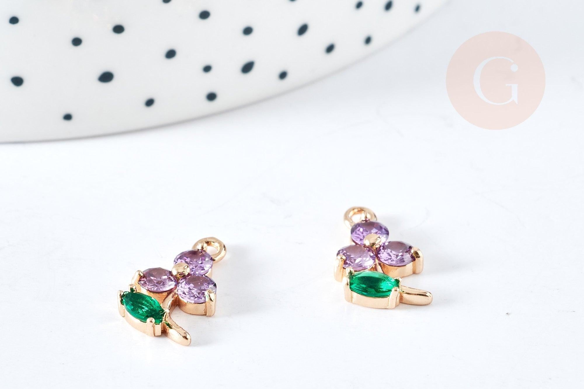Pendentif fleur zircons violet laiton doré 17mm,pendentif fleurs création bijoux, x1 (G8404)