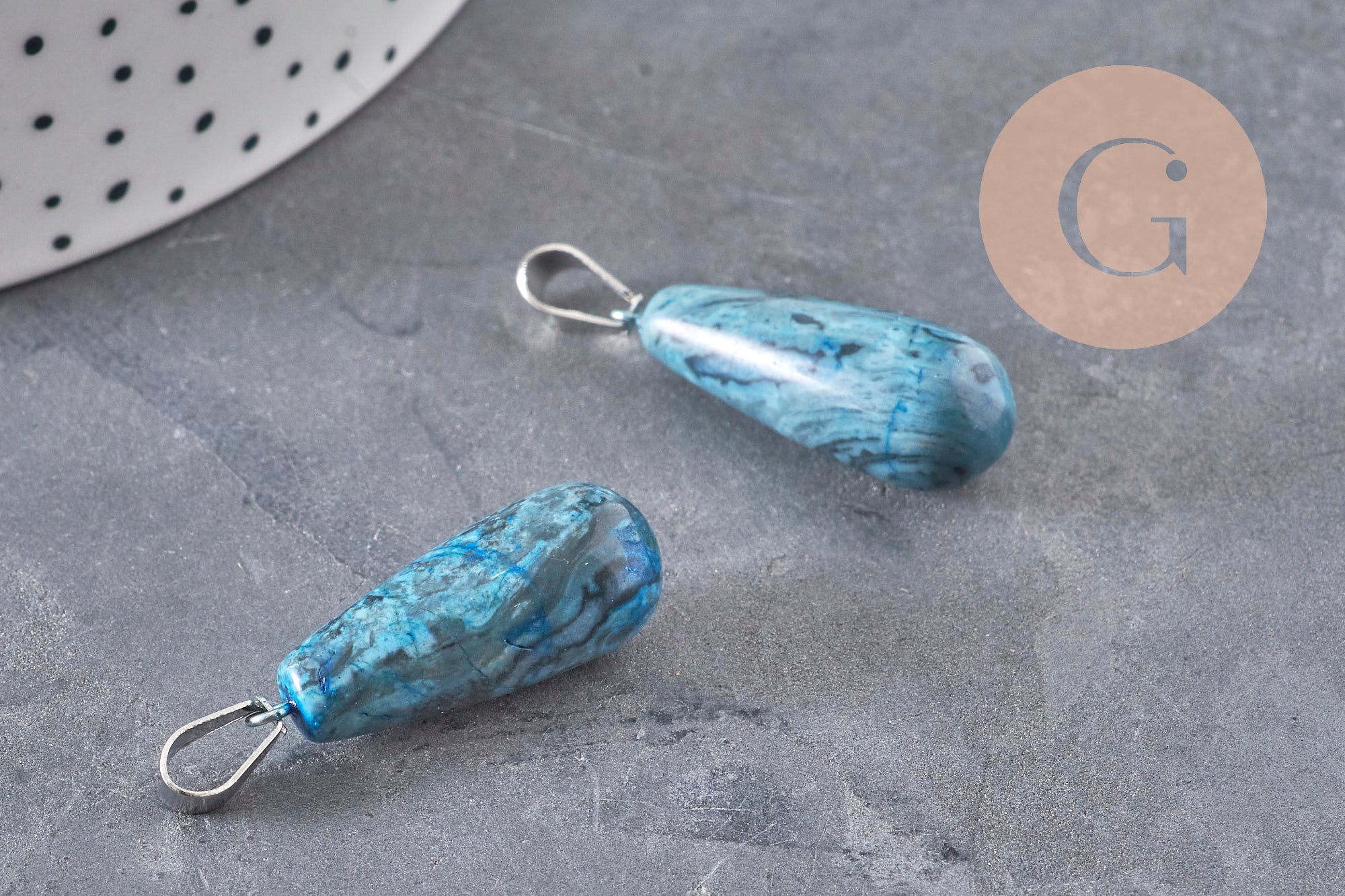 Pendentif goutte agate naturelle bleu acier inoxydable platine 28mm, x1 (G11117)