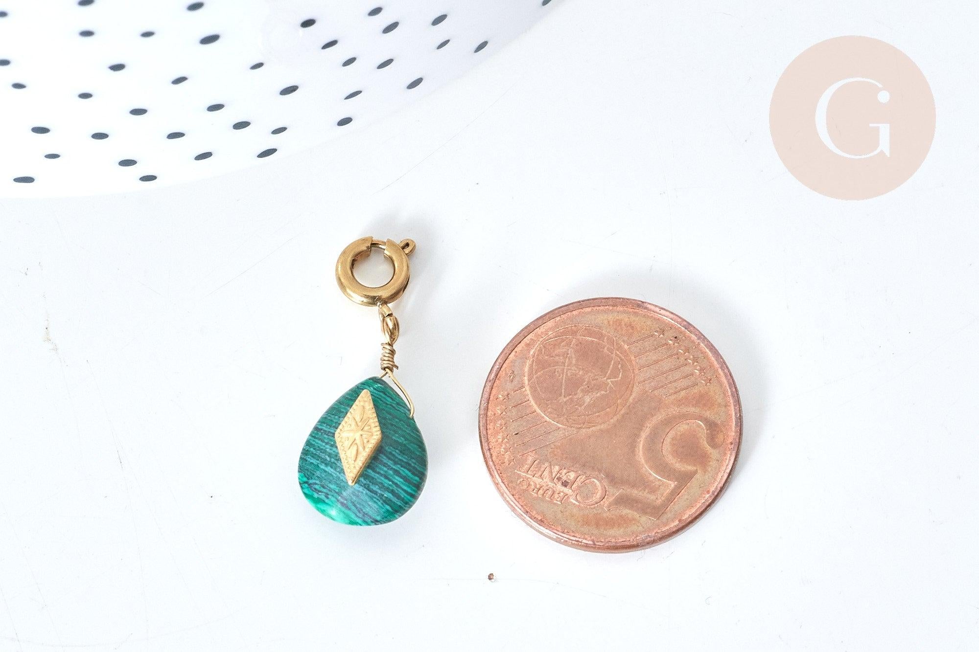 Pendentif goutte amulette imitation malachite acier inoxydable doré 21mm, pendentif pierre naturelle, x1 (G7628)
