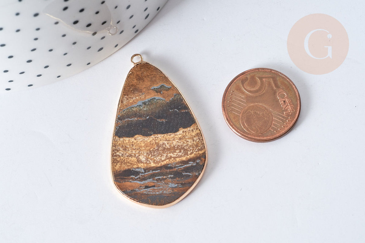 Pendentif goutte œil de tigre doré 45mm, pendentif pierre œil de tigre naturel, x1 (G7938)