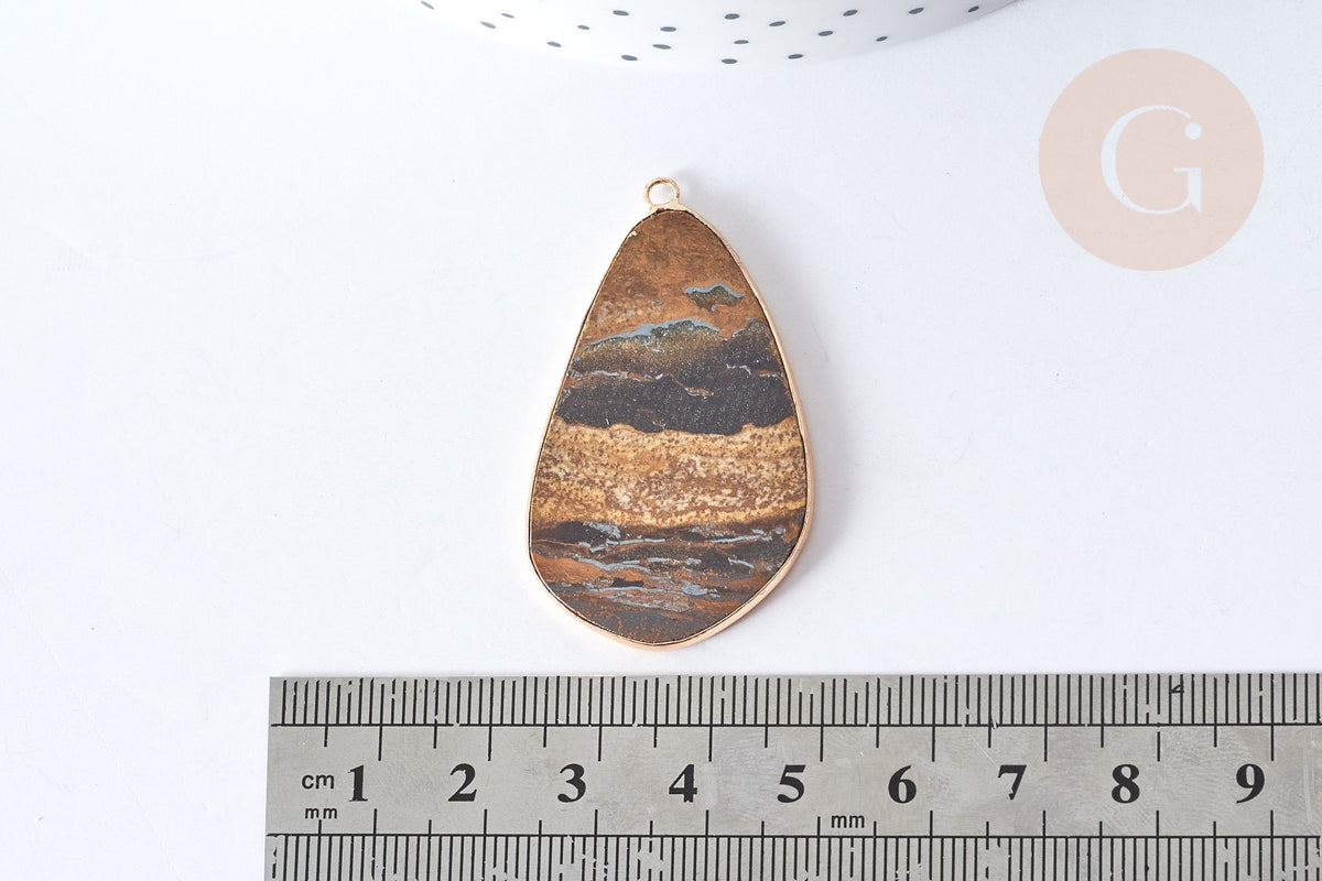 Pendentif goutte œil de tigre doré 45mm, pendentif pierre œil de tigre naturel, x1 (G7938)